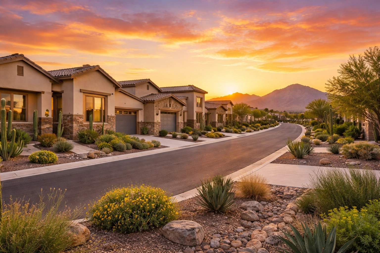 Buckeye Arizona neighborhood with modern homes and desert landscaping at sunset, showcasing peaceful family living near Phoenix.