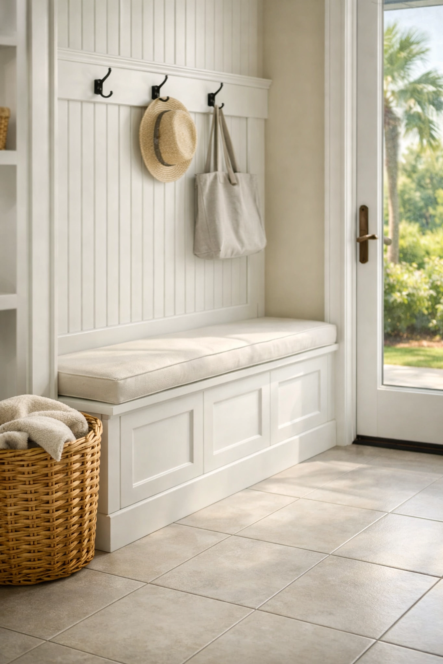 Clean mudroom and tile entryway protected from outdoor dirt by professional home maintenance in South Carolina.