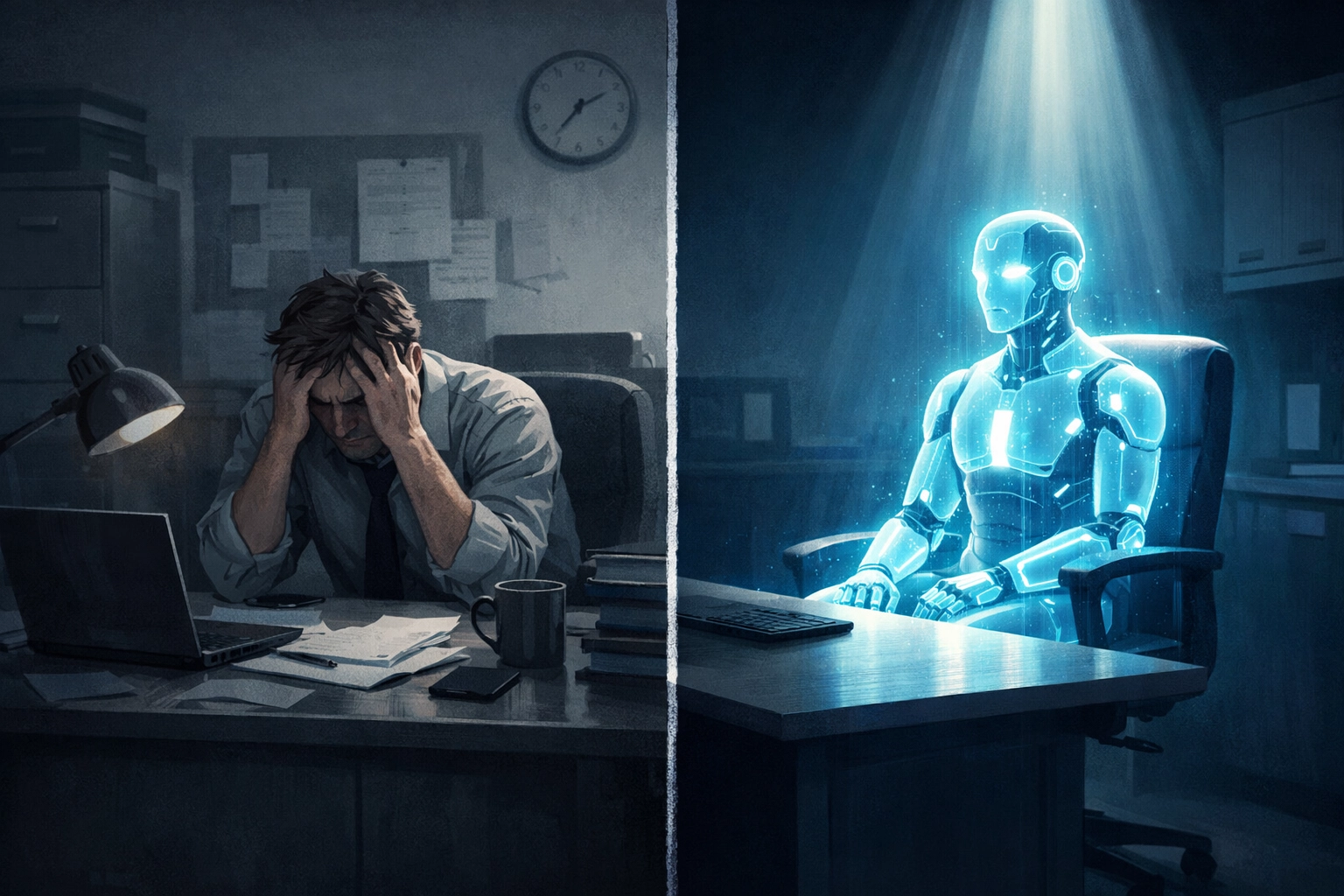 Office worker facing job displacement as AI automation replaces middle-income positions