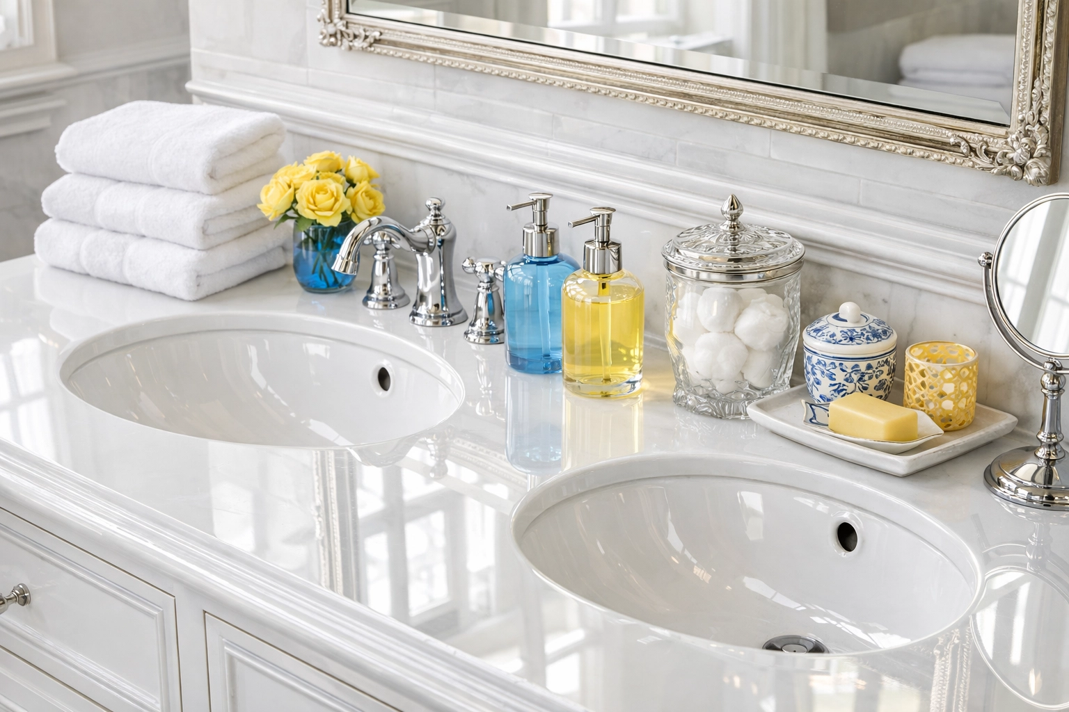 Meticulous deep cleaning Worcester in a renovated luxury bathroom with sparkling chrome fixtures.
