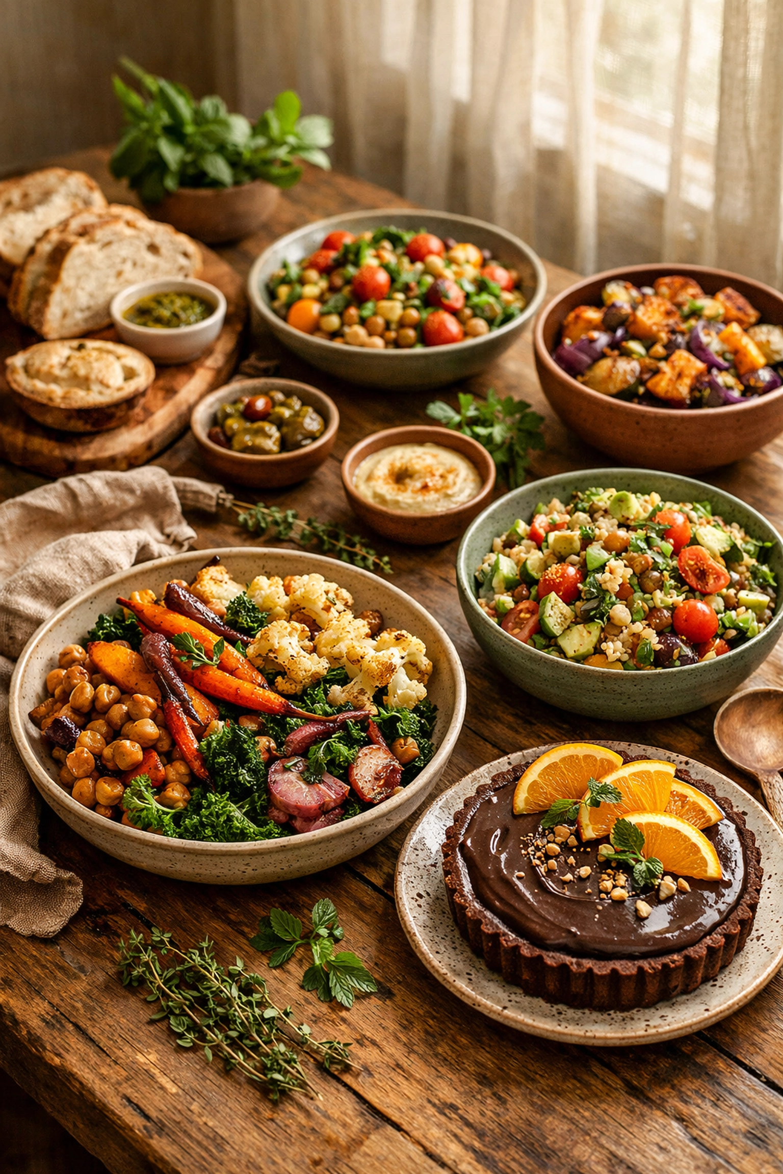 Nourishing plant-based vegan meal spread on table at yoga retreat for mothers