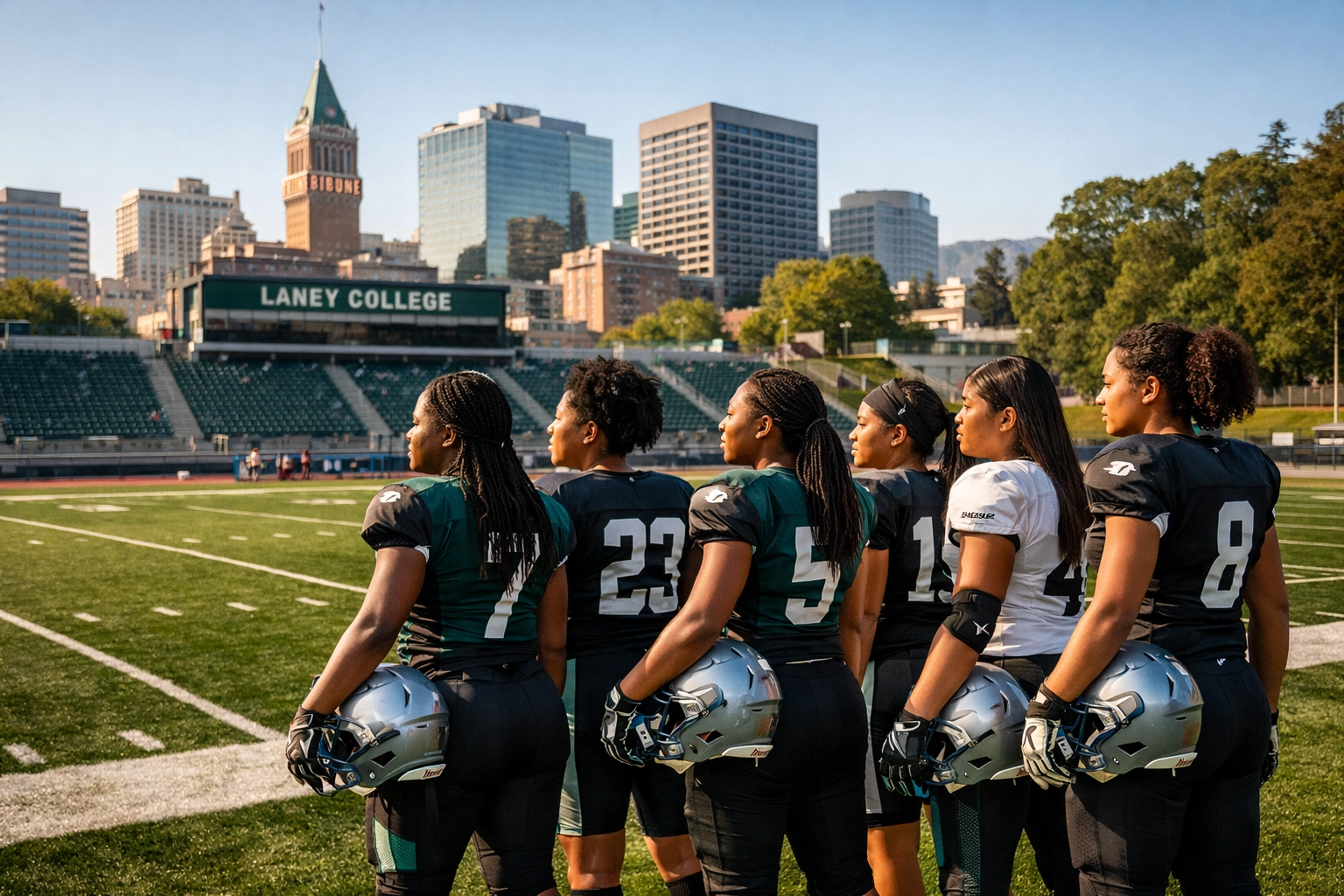 Diverse professional women's football players at Laney College stadium for Oakland community enrichment.