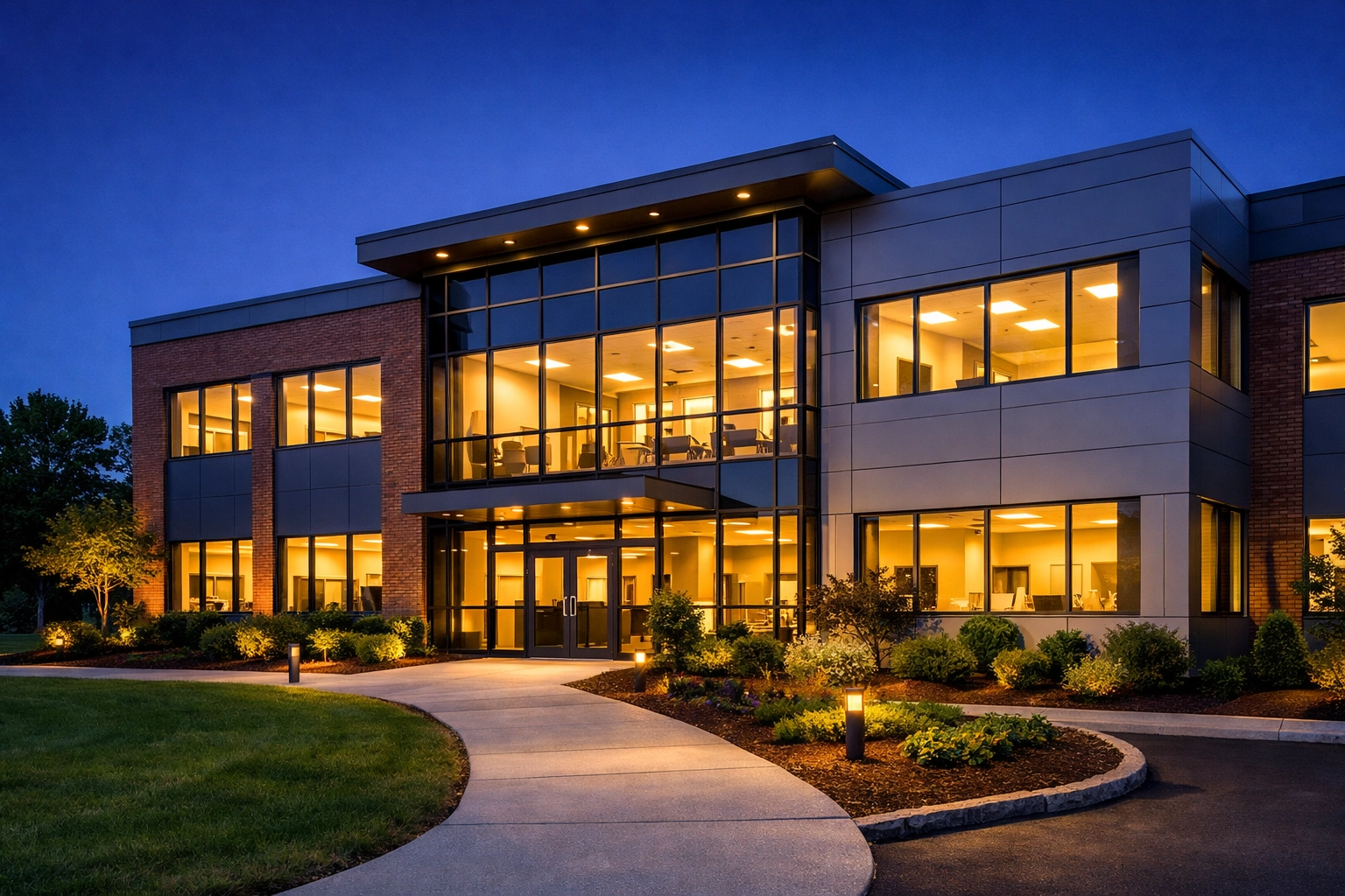 Well-maintained commercial office building exterior in Bedford, Massachusetts, after professional servicing.