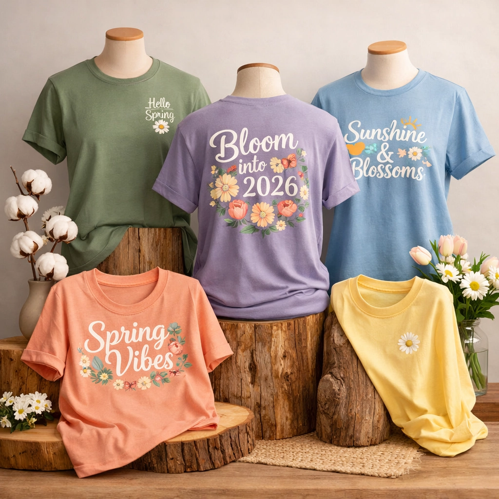Collection of custom printed t-shirts showcasing various design placements and spring 2026 colors