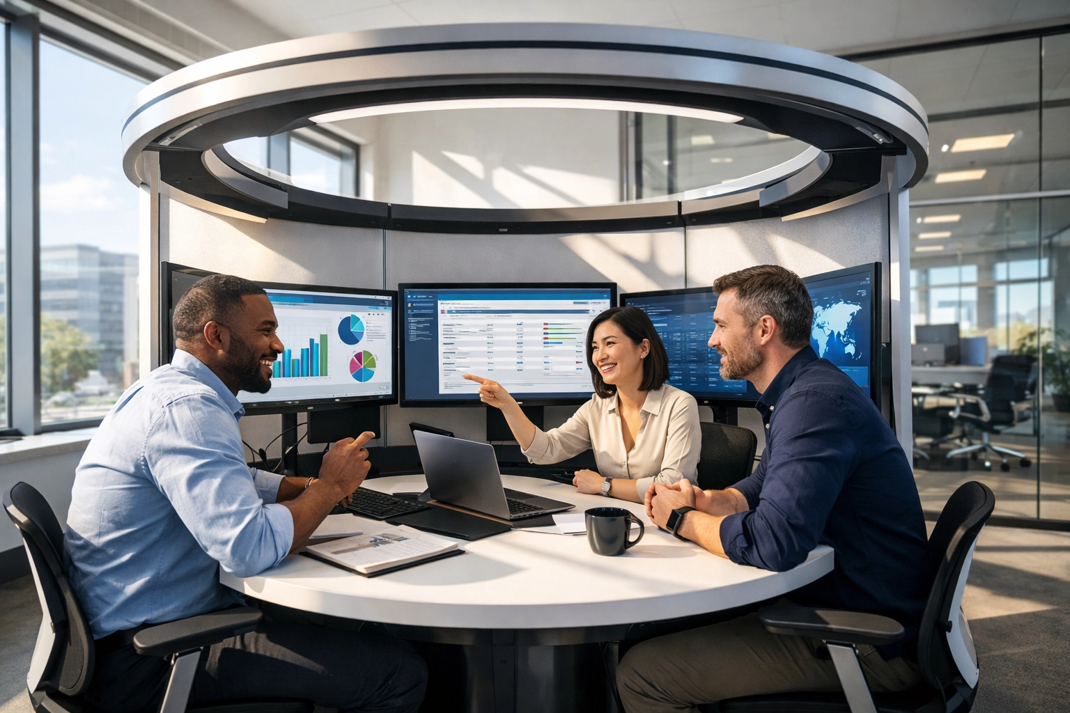 Professionals collaborating in a modern office pod workspace with multiple monitors.
