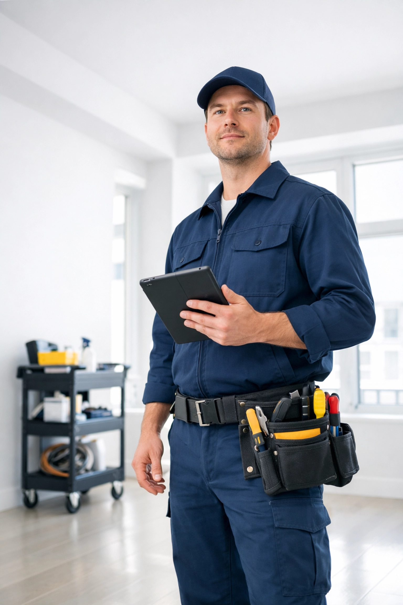 Dedicated make-ready technician with tablet in renovated apartment unit