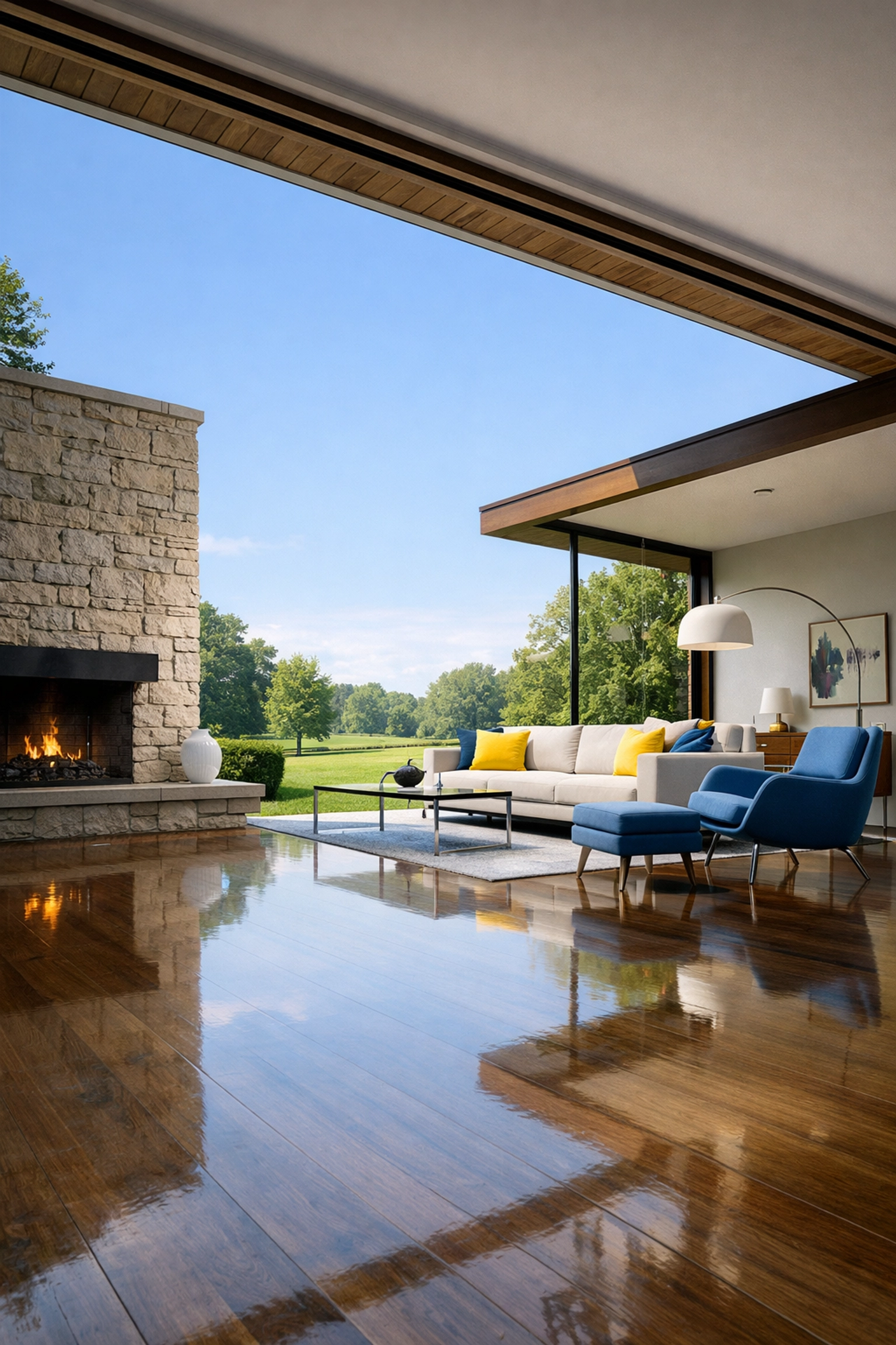 Spotless Mid-Century Modern living room showcasing high-end luxury house cleaning in Lexington.