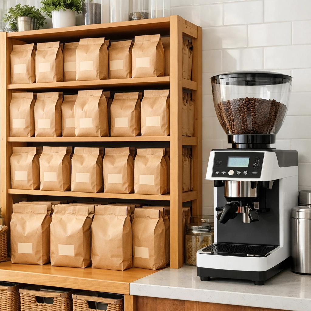 Organized wholesale coffee bean bags and supplies in a professional café setting.
