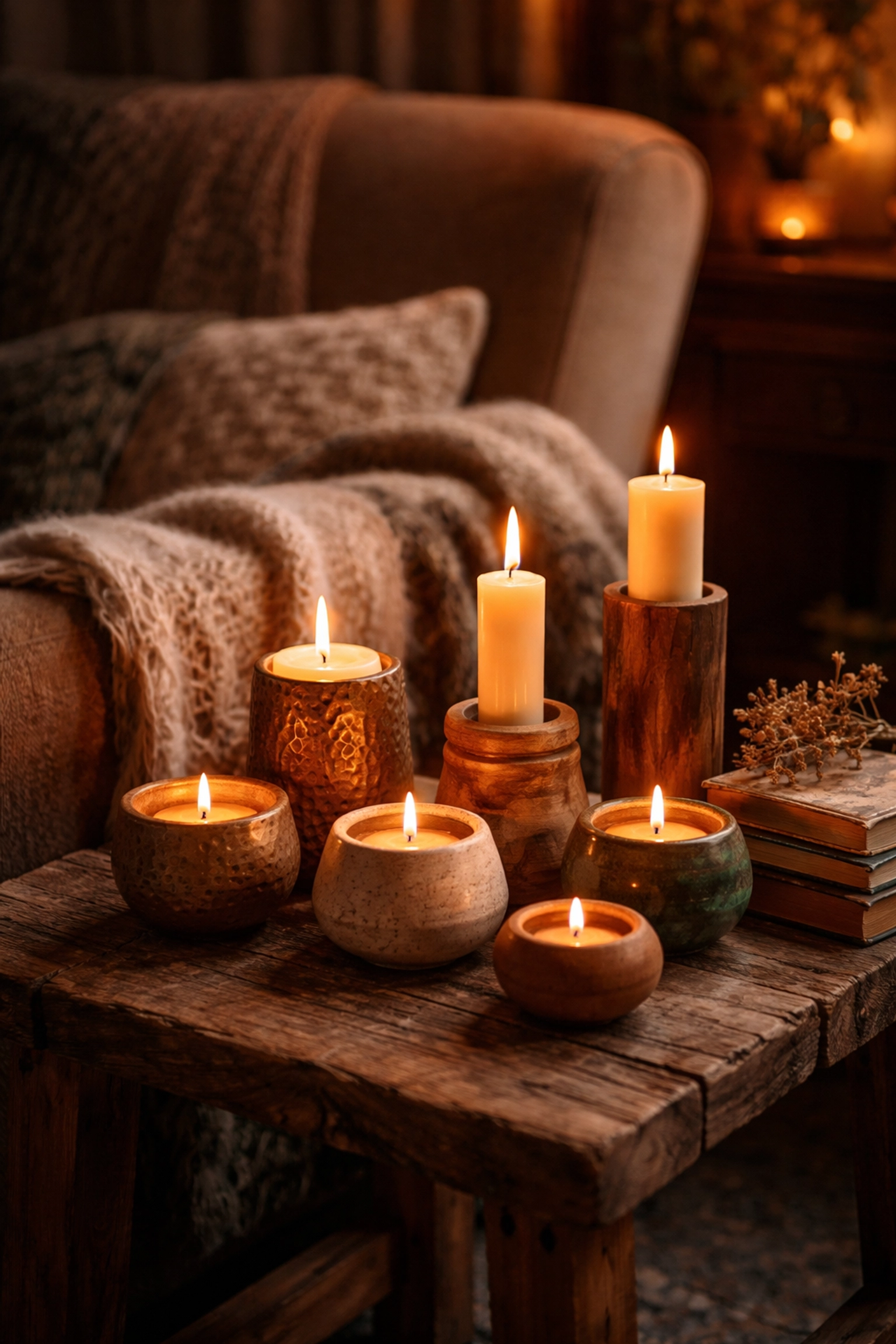 Assorted handcrafted candle holders and lit candles enhance the warmth of a cozy, rustic home corner.
