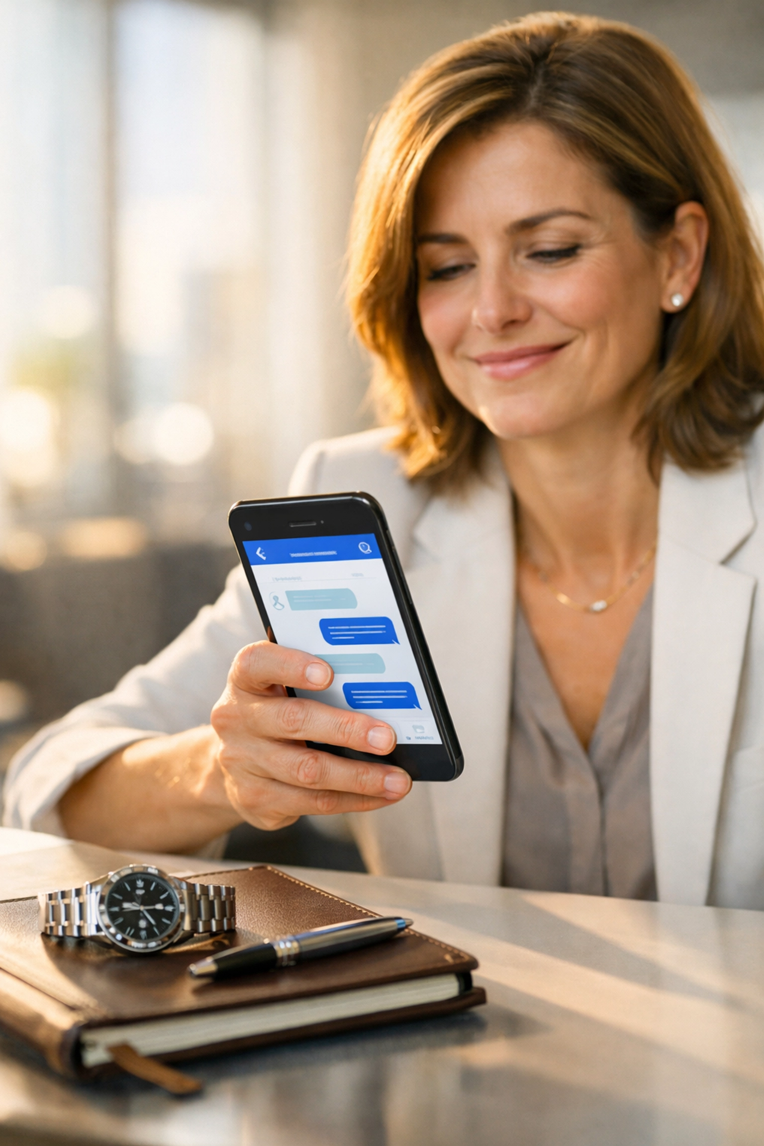Professional at a desk using secure medical messaging on a smartphone for fast, flat-rate online urgent care.