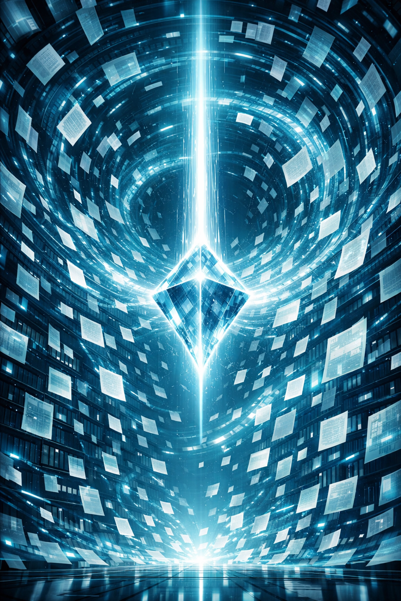 A digital library vortex visualizing how AI assistants like Gemini process massive amounts of research data.