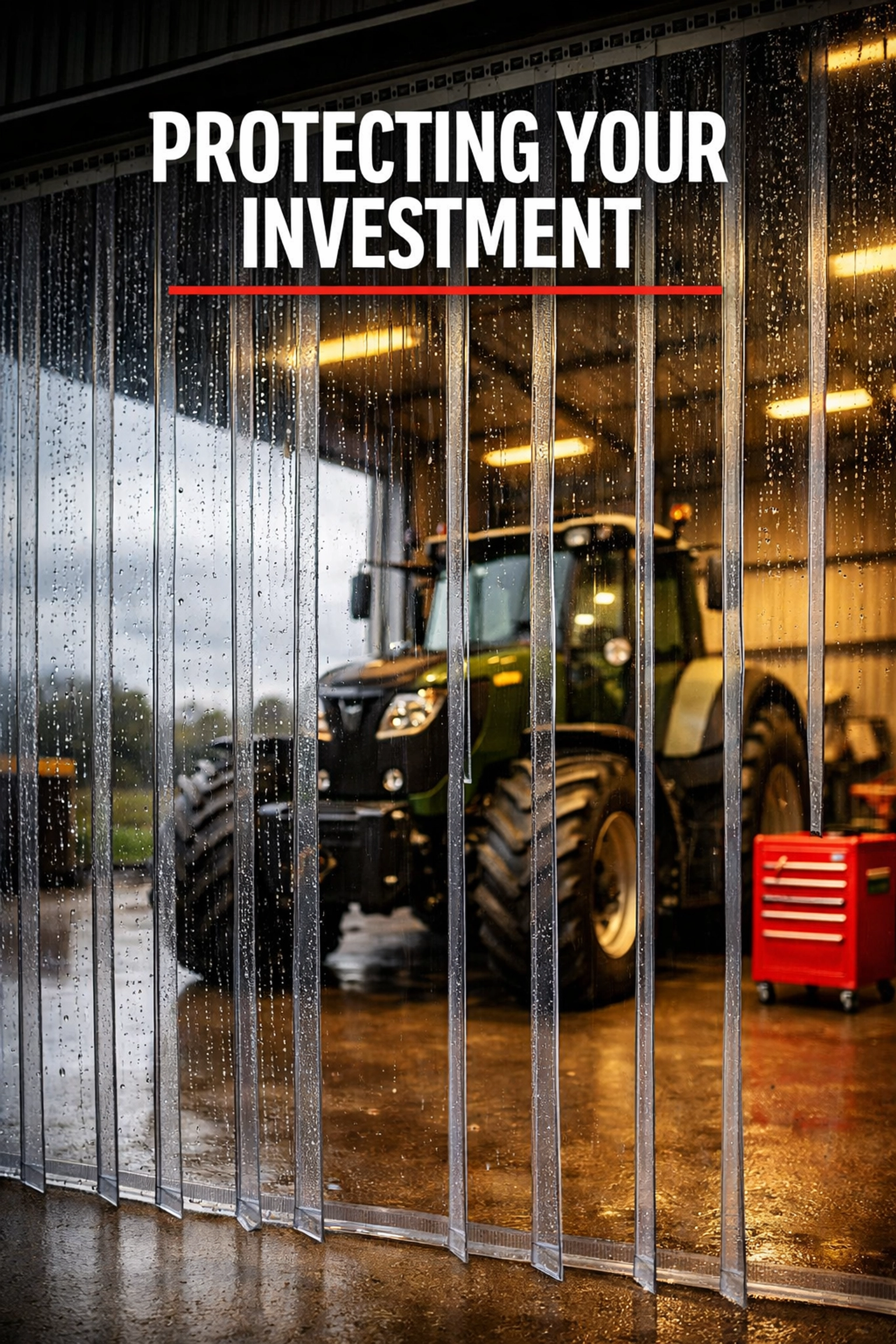 Heavy-duty ribbed industrial strip curtains protecting a tractor in an agricultural machinery shed.