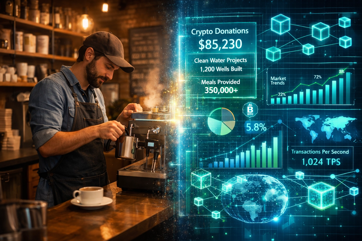 Coffee shop merchant processing crypto payments with blockchain-verified charity impact metrics