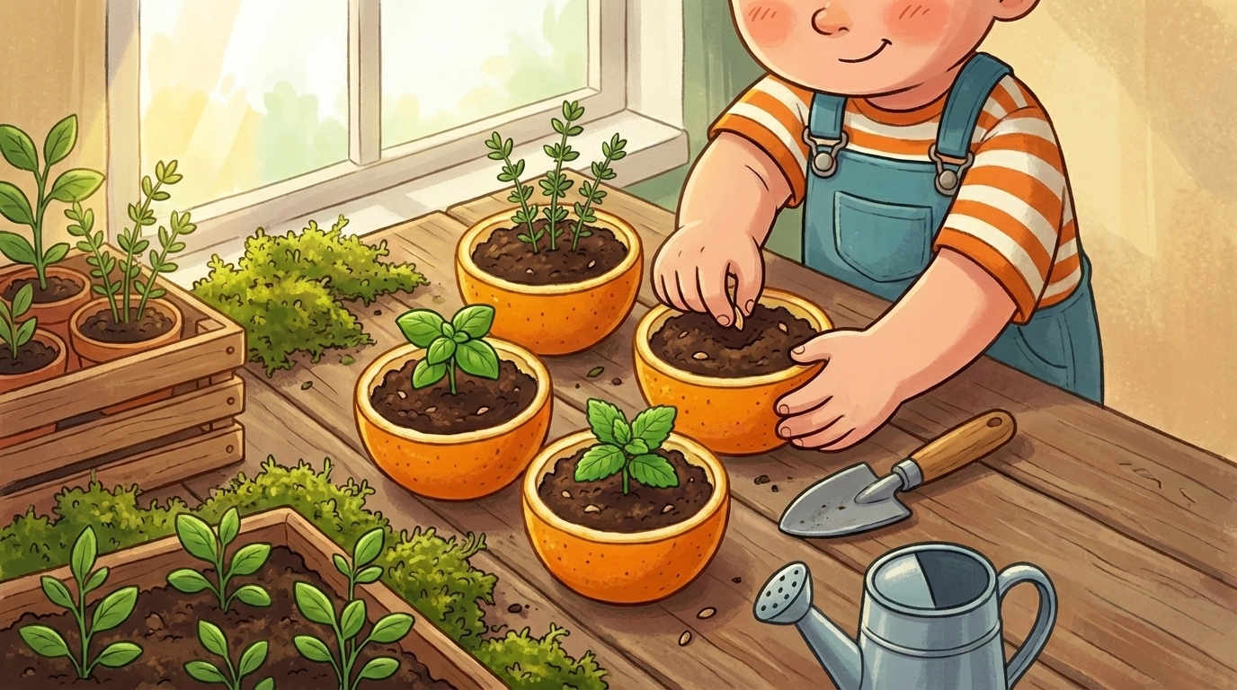 Child planting seeds in orange peel pots to start herbs using creative recycled seed starting methods