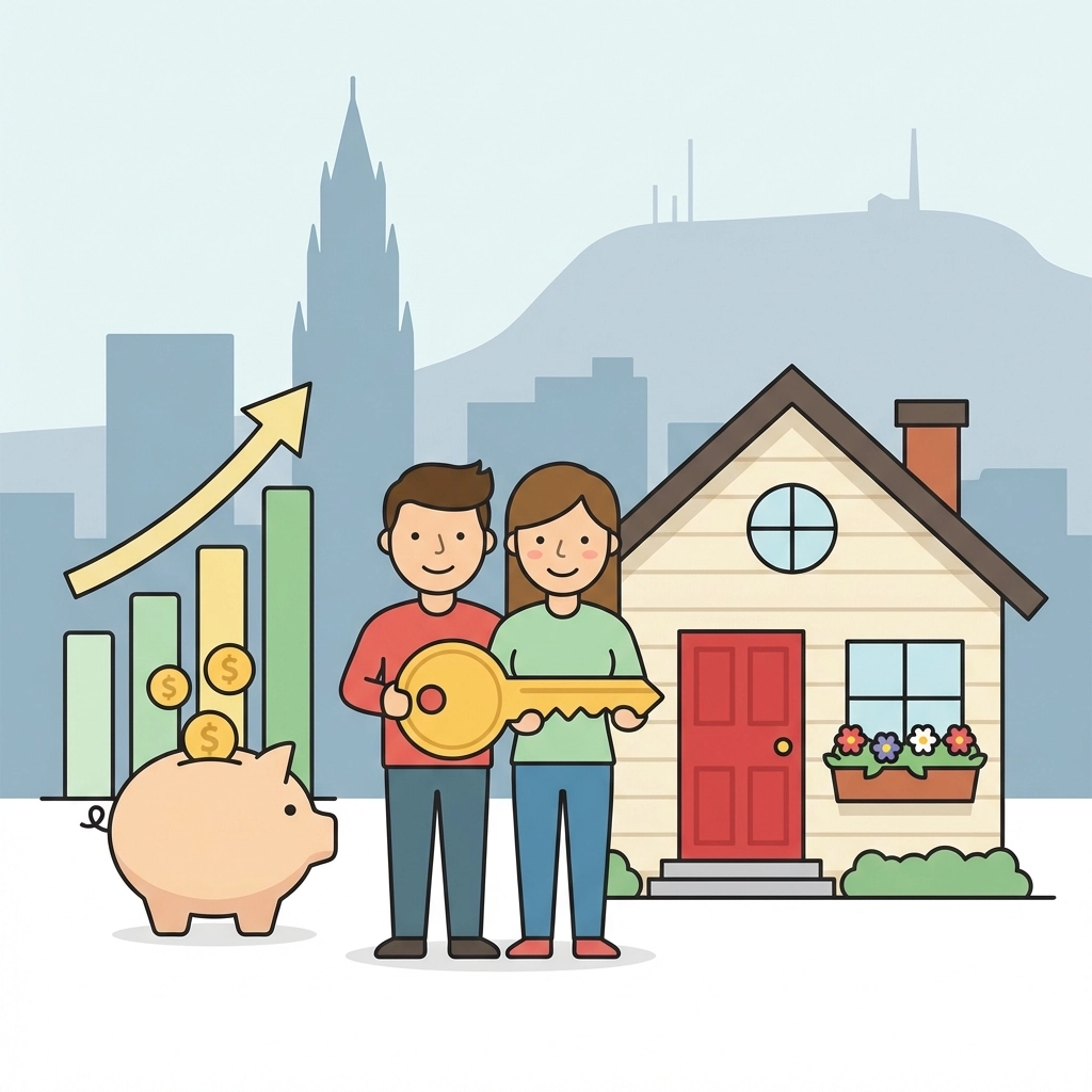 Young couple with key and piggy bank in front of a starter home, highlighting first-time home buyer tax savings