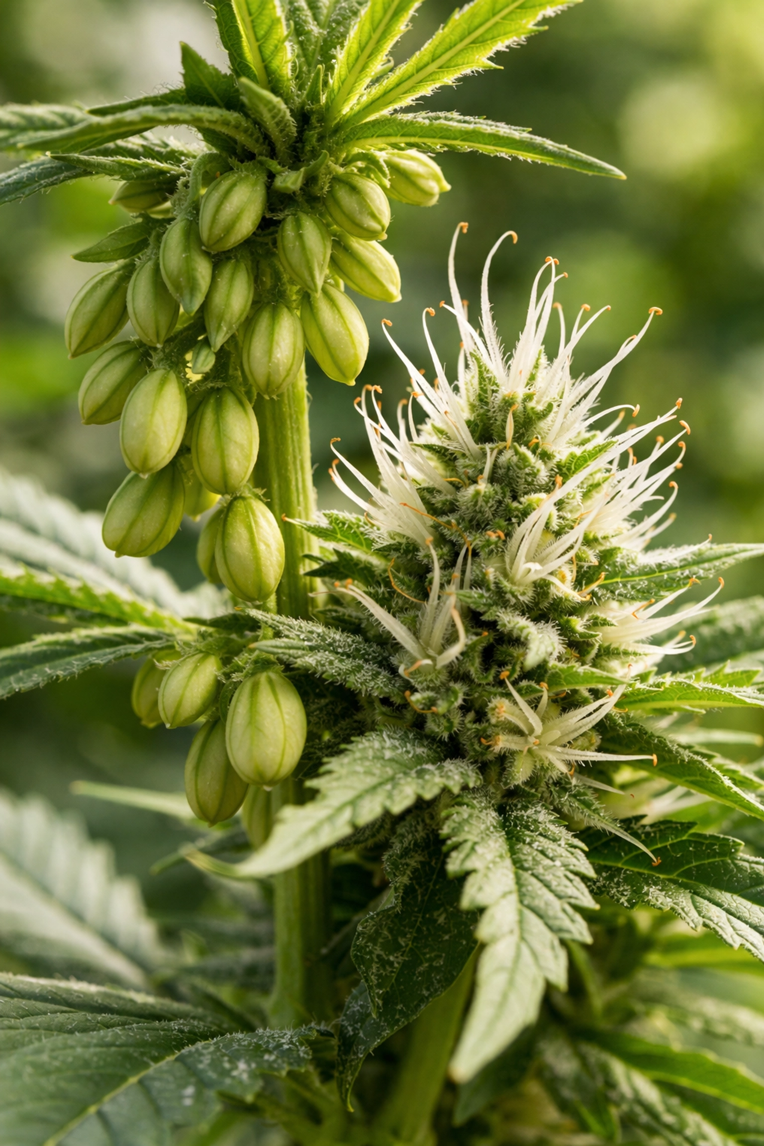 Close-up of a cannabis plant showing both pollen sacs and flower buds, demonstrating a hermaphrodite issue in cultivation.