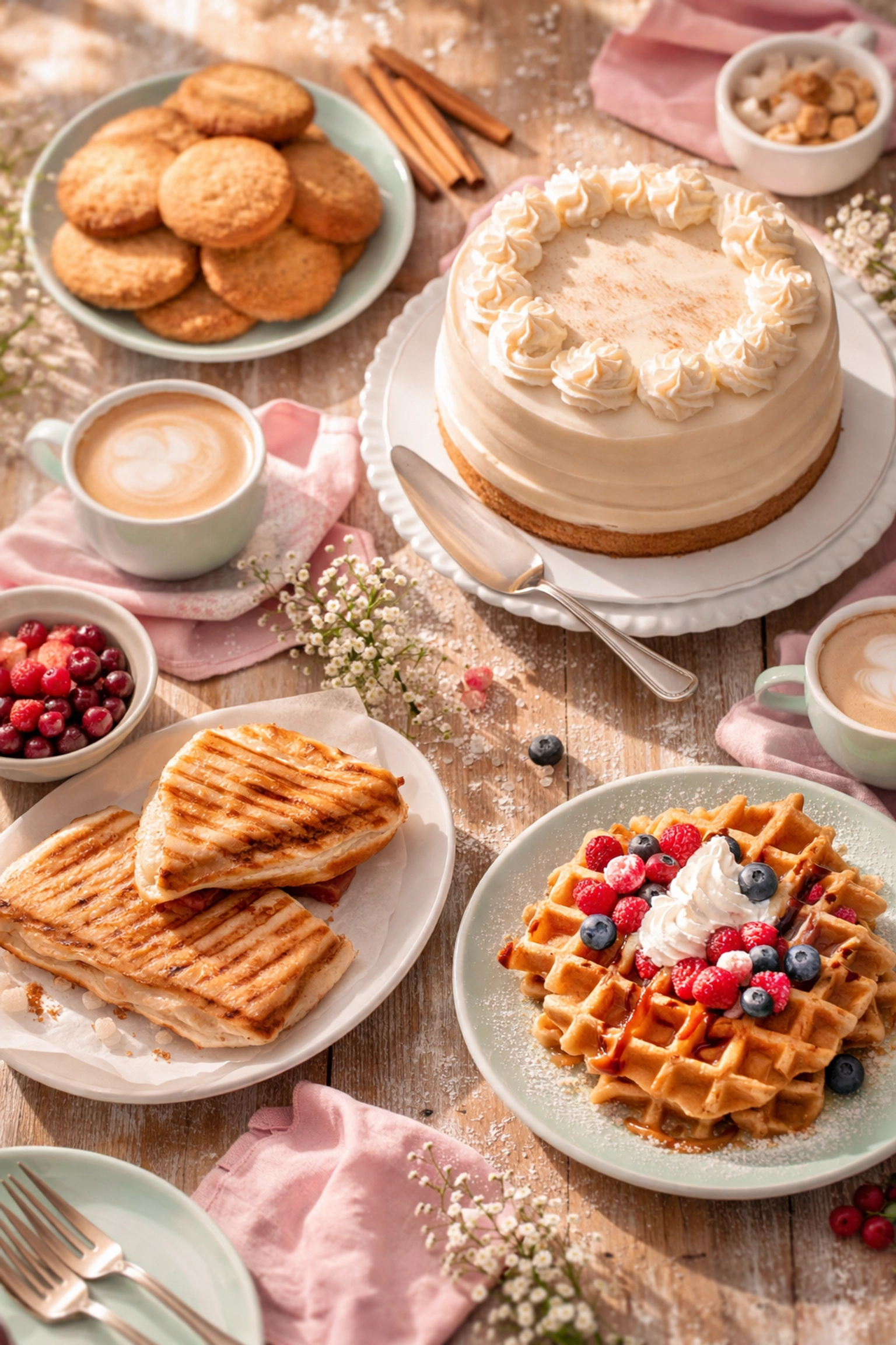 Freshly baked cakes, warm paninis, cinnamon cookies, and golden waffles at Little Dreams Cafe Felixstowe, displayed on rustic wood.