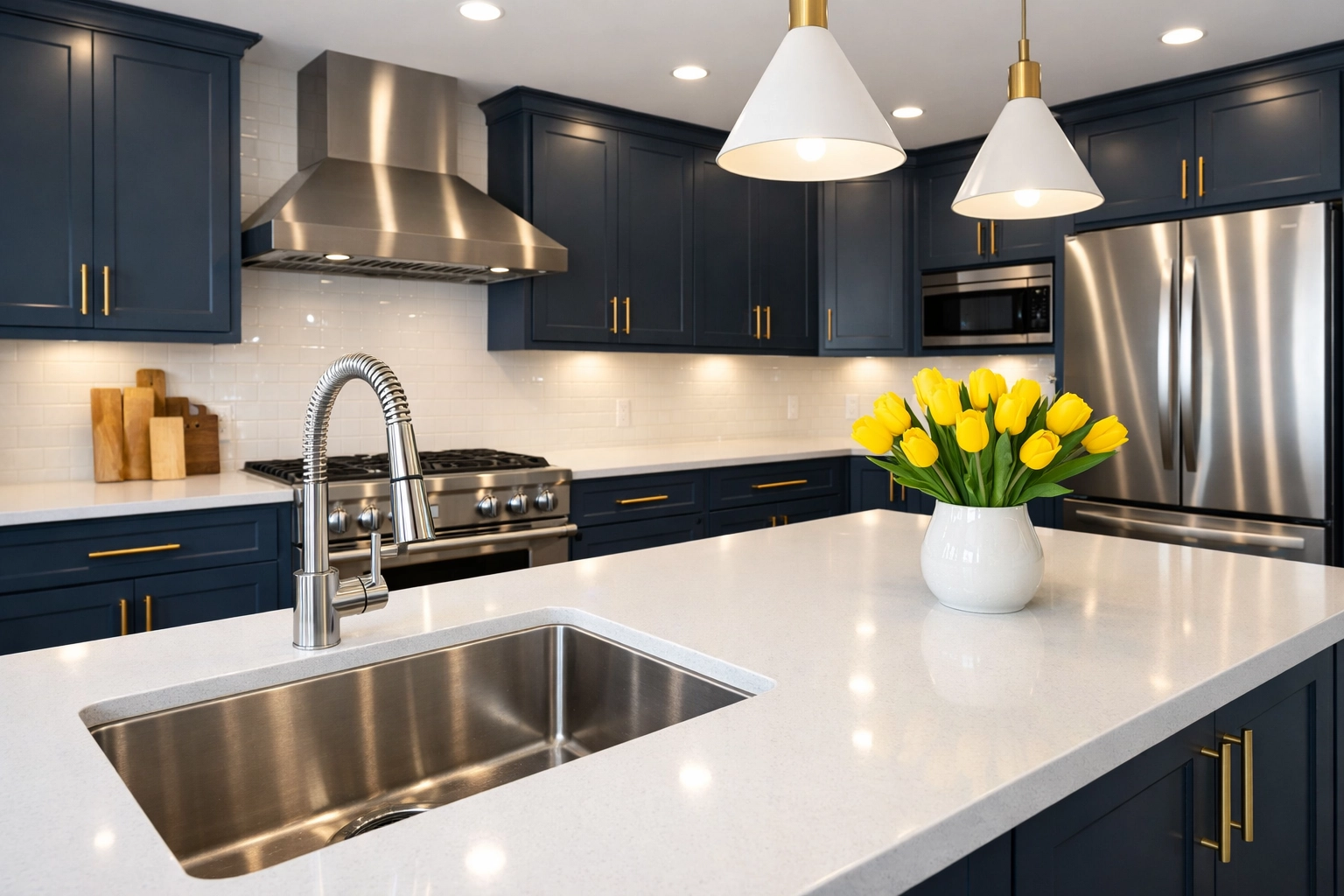 Spotless modern kitchen with white quartz counters after professional weekly house cleaning Carlisle.