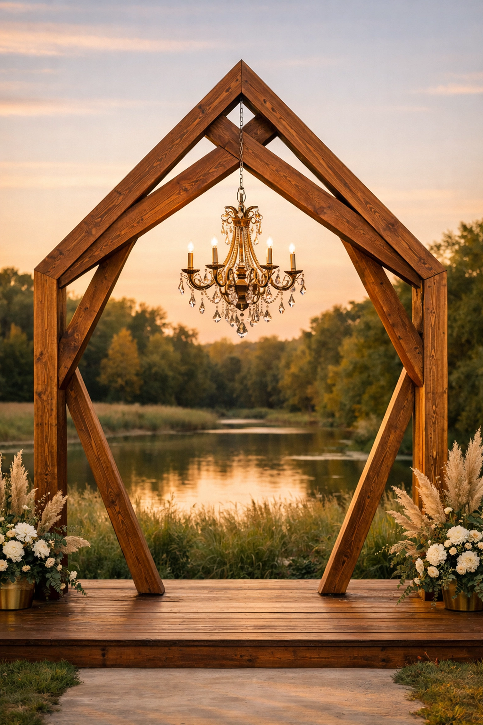 Elegant geometric double wooden arch rental with chandelier for a sustainable Fort Wayne wedding ceremony.