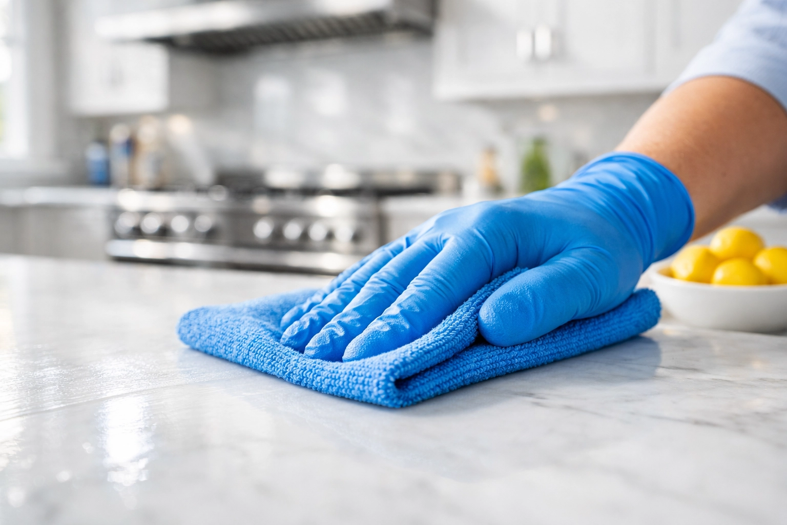 Professional cleaner wiping a luxury marble kitchen countertop in a Bolton home.