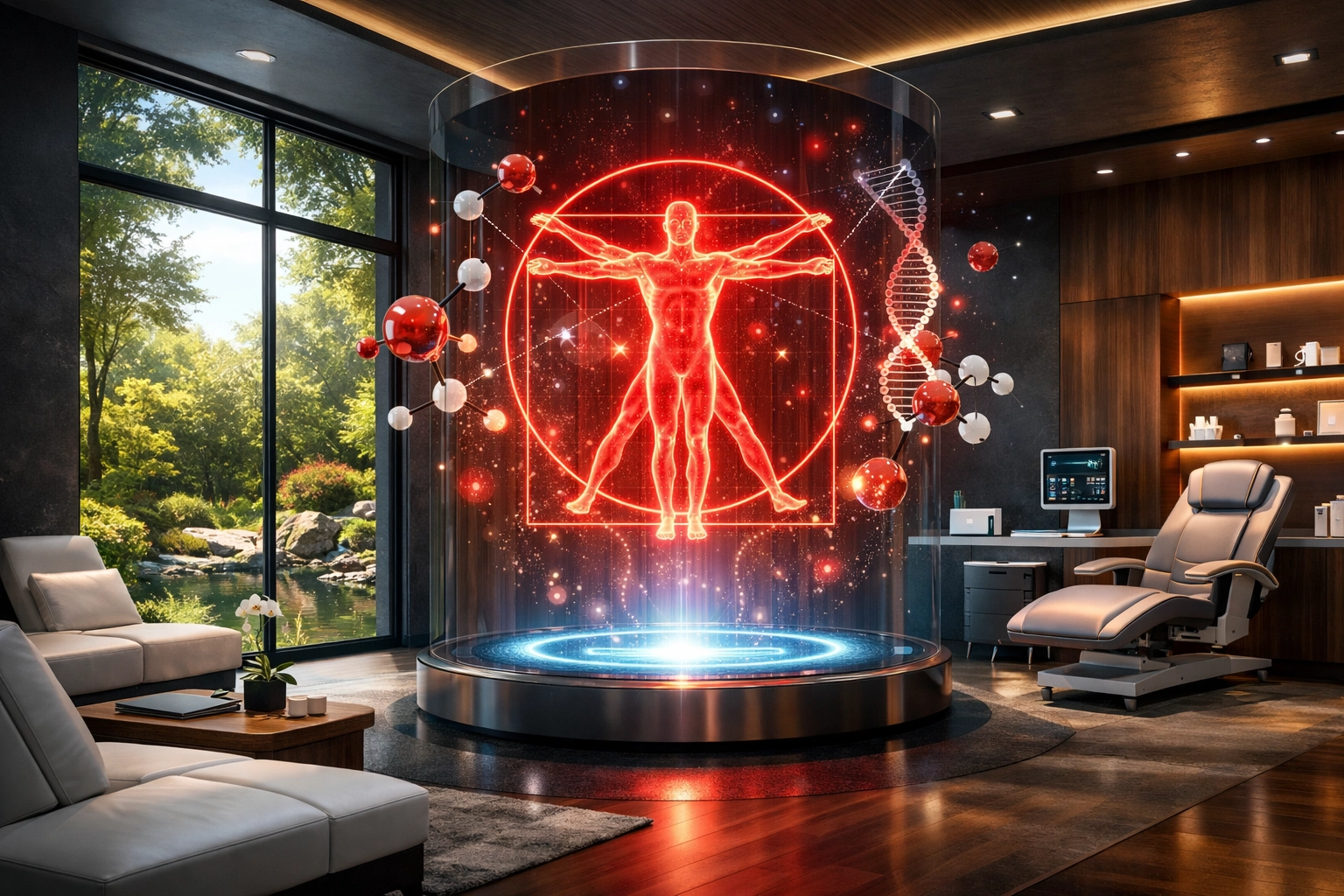 Modern medical wellness center featuring molecular structures representing recovery-focused peptide therapy.