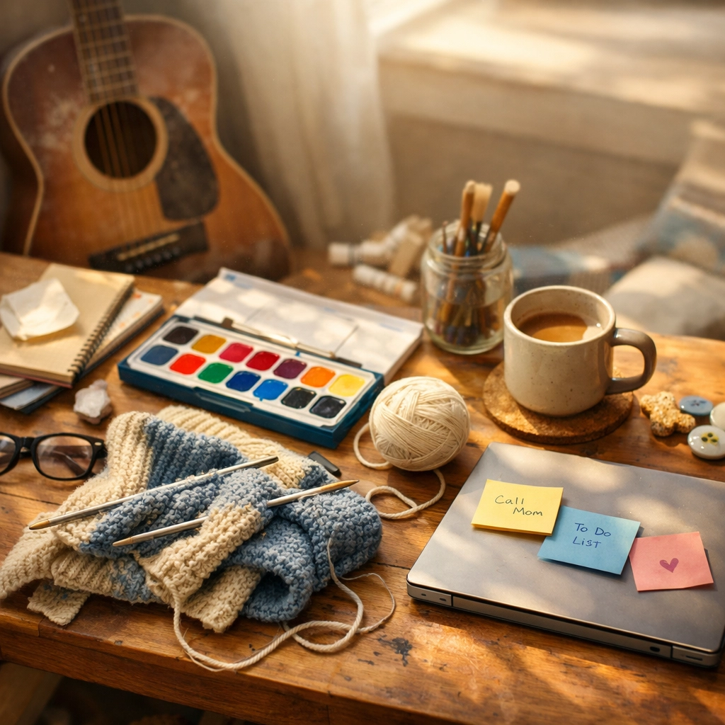 Abandoned adult hobbies including guitar, art supplies, and knitting scattered on coffee table