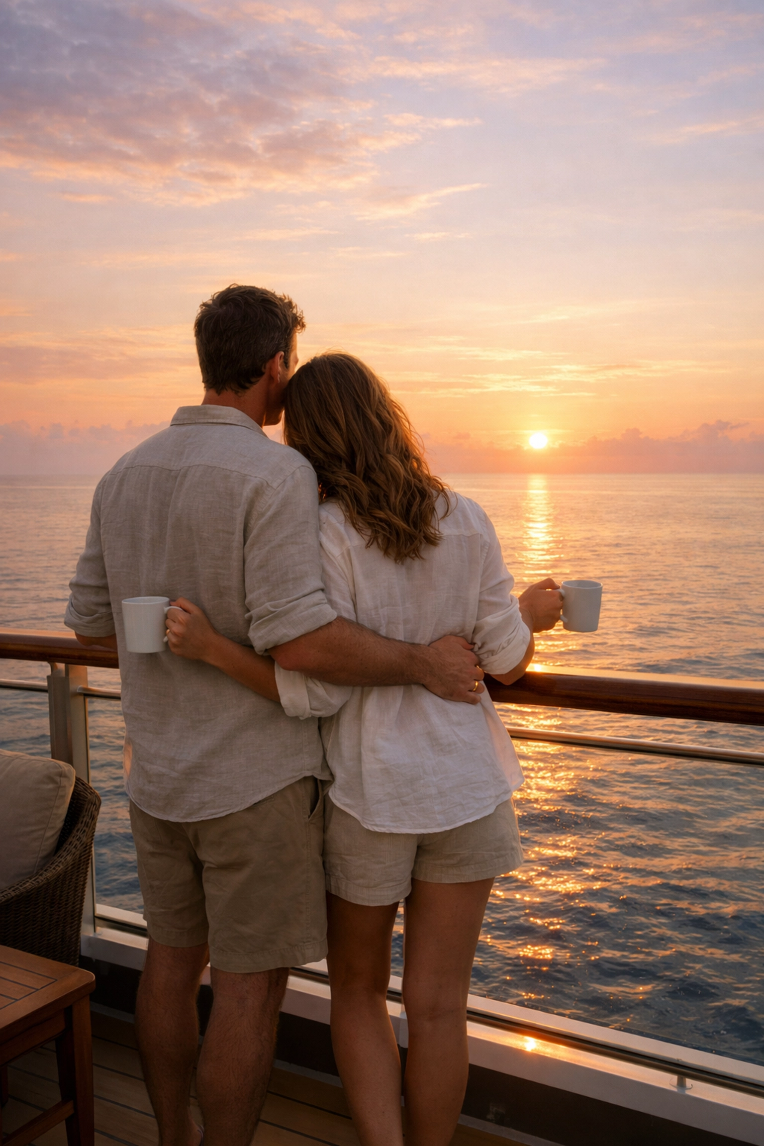 Couple enjoying sunrise from private balcony on lifestyle cruise