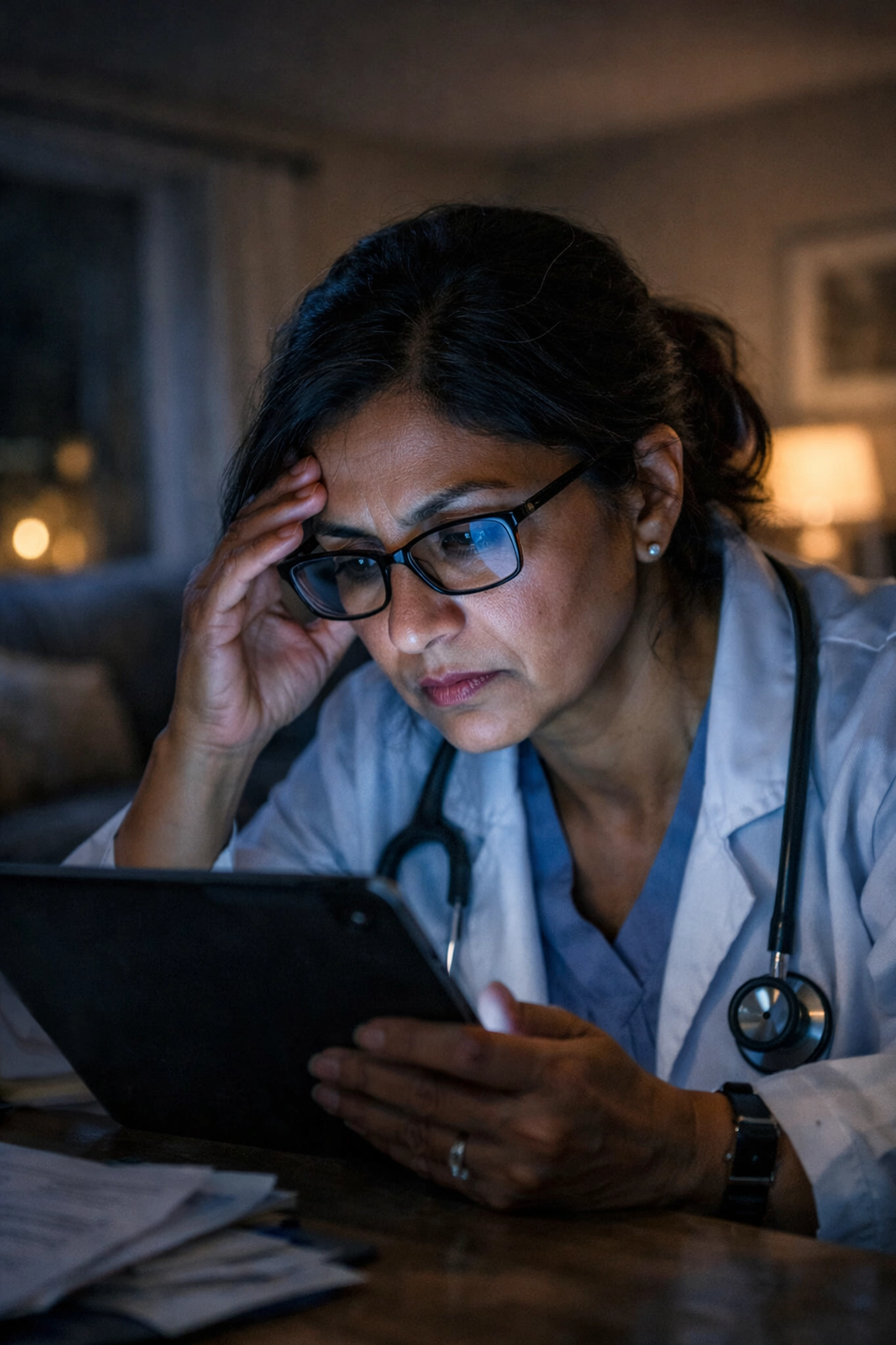 A tired physician reviews AI-generated medical notes at home, highlighting the pajama time documentation burden.