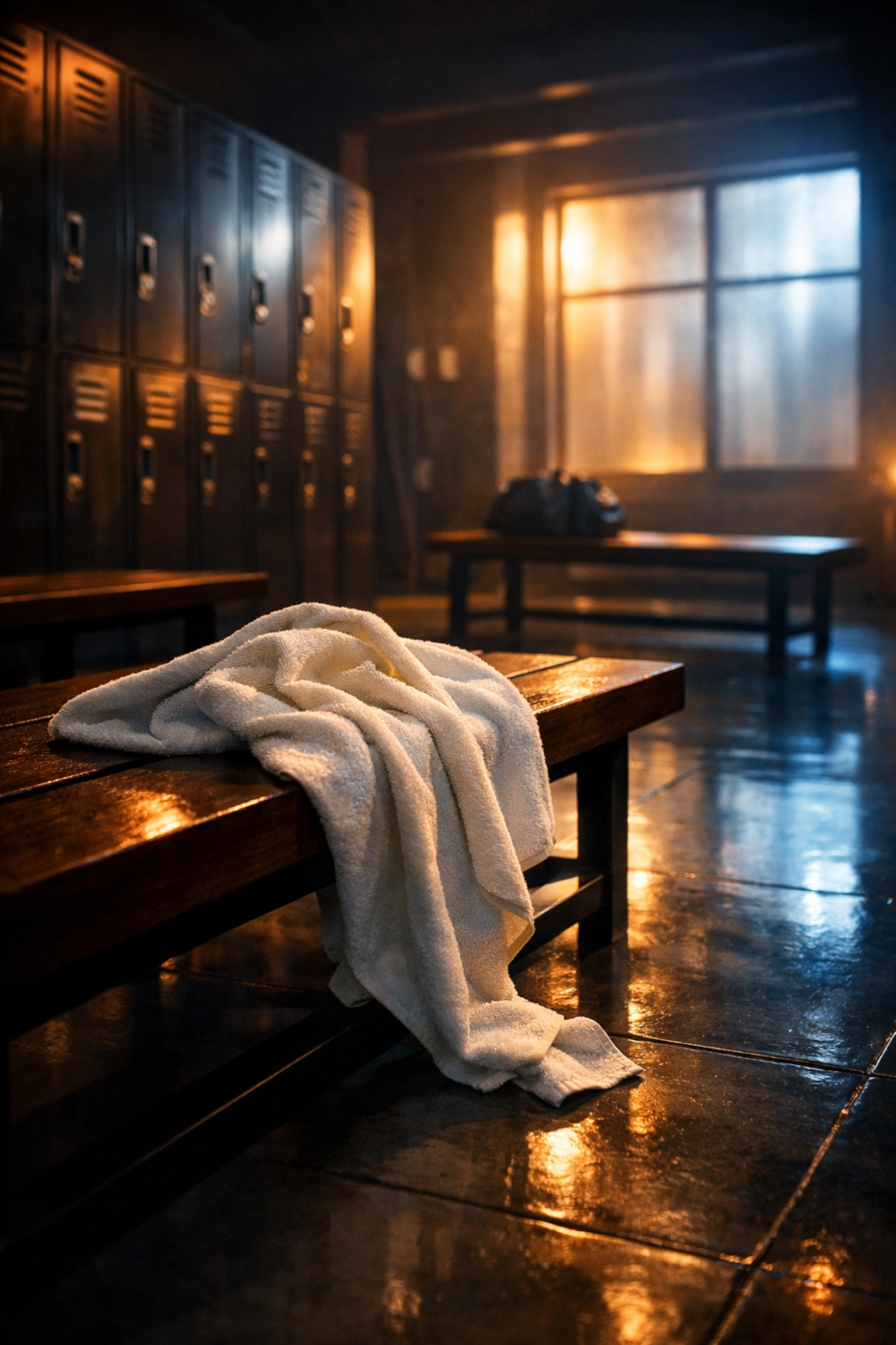 Gym locker room with towel on bench after workout, setting for accidental exposure moment