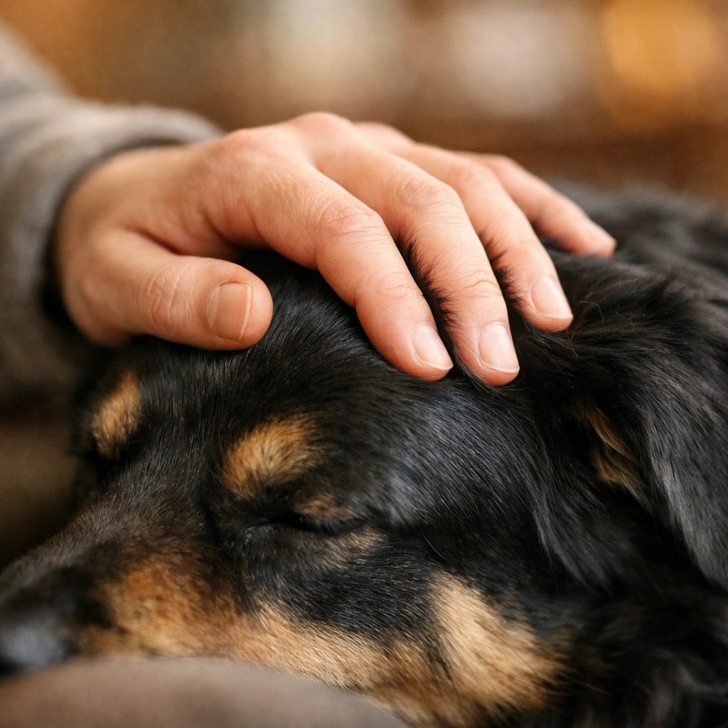 A comforting hand resting on a dog's head, showing support for families facing dog lymphoma.