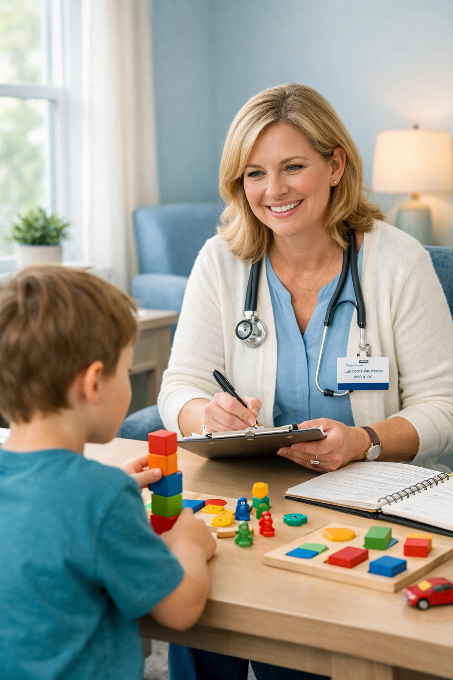 Psychiatric nurse practitioner conducting autism evaluation with young child using assessment tools