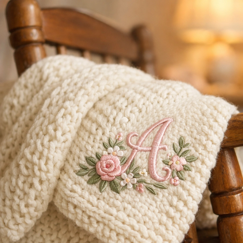 Personalized cream baby blanket with a delicate custom embroidered floral monogram on a rocking chair.