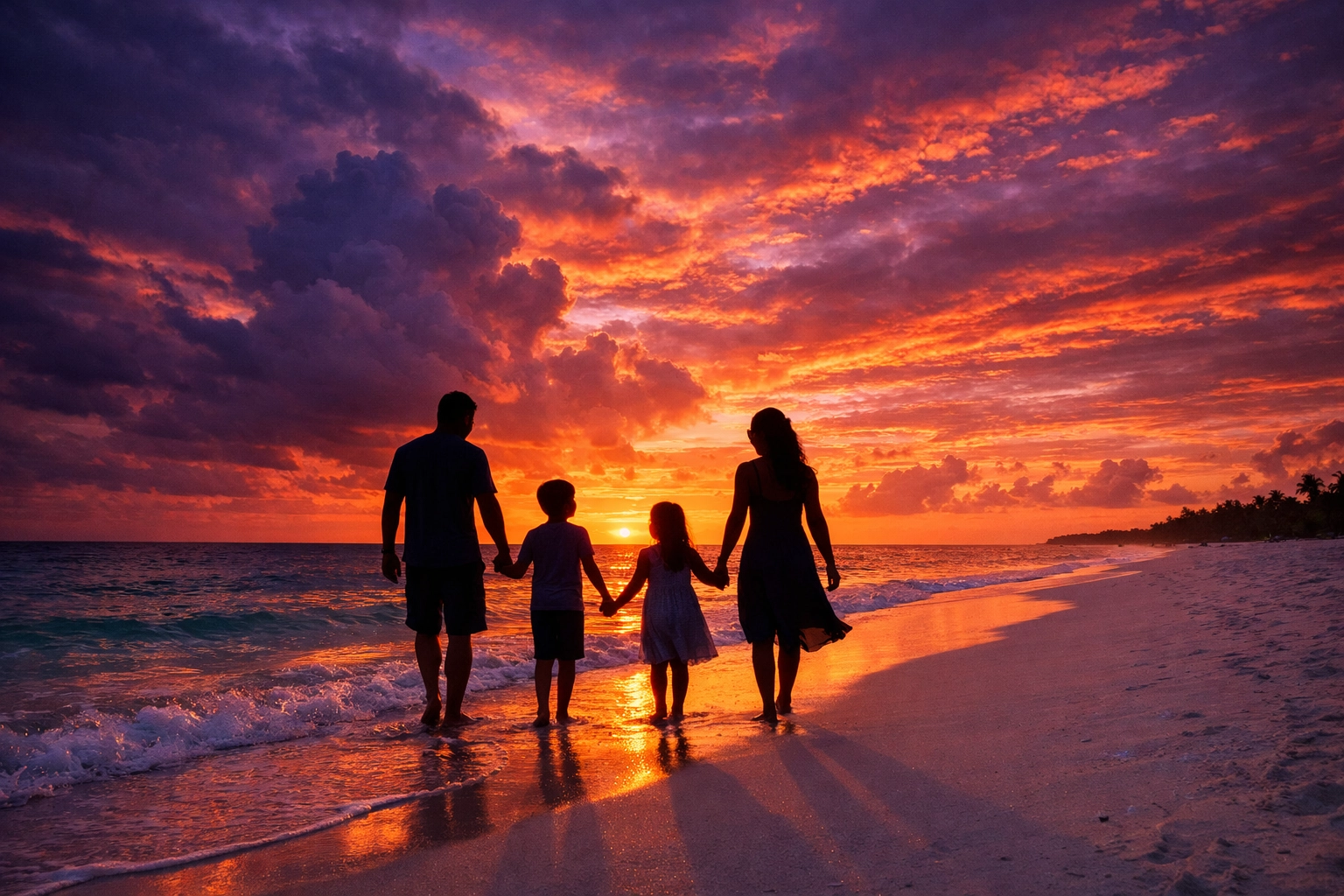 Sunset family beach photography silhouette, perfect for a photography travel guide.