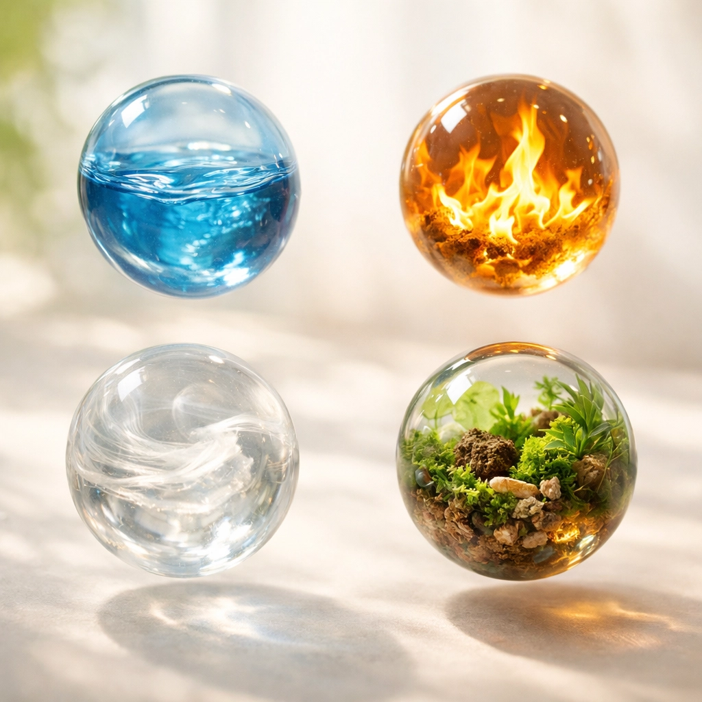 Four elemental spheres showing water, fire, air, and earth zodiac spiritual connections
