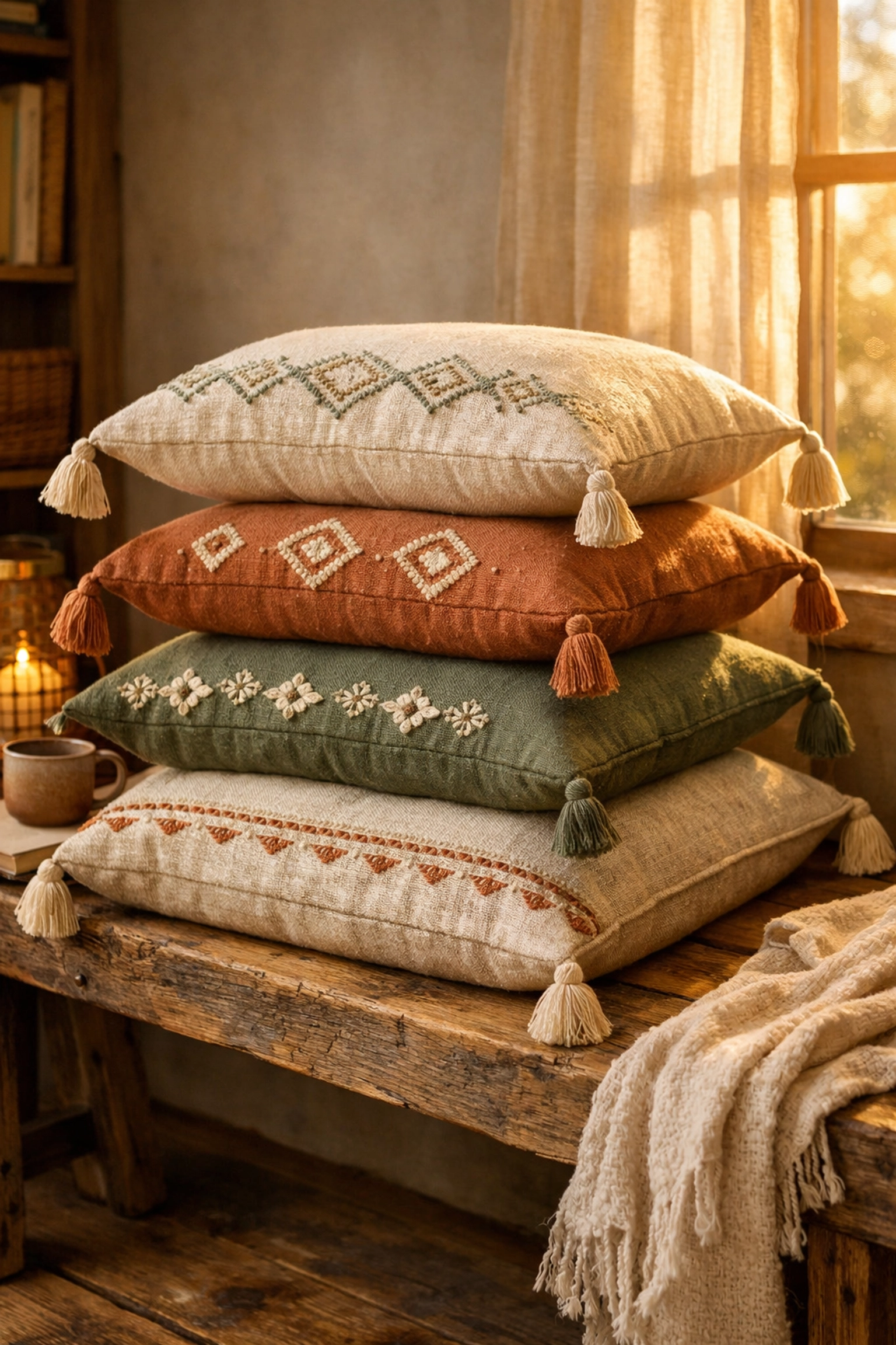Handcrafted embroidered pillows on a rustic wood bench in a calming home care corner.