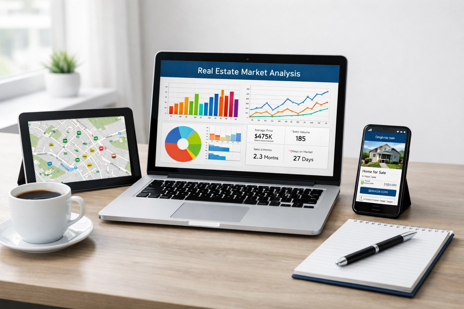 Real estate workspace with AI-powered market data analytics tools for home buyers Real estate workspace with AI-powered market data analytics tools for home buyers
