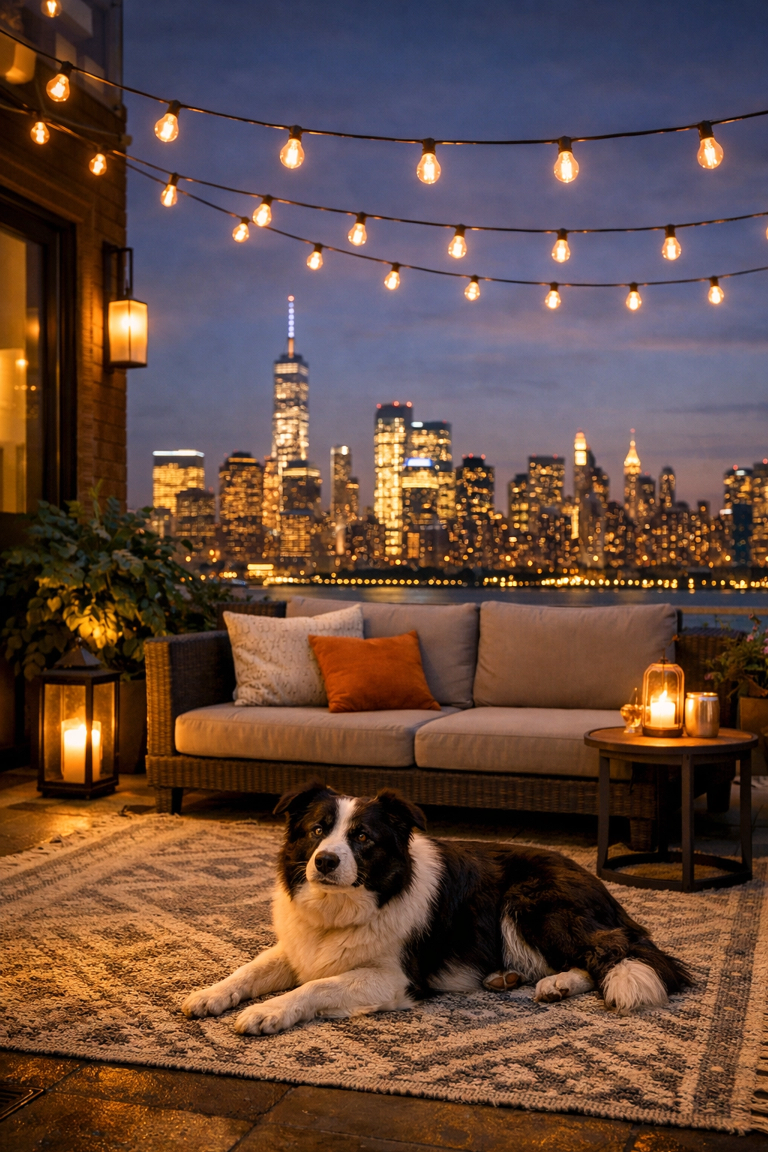 Dog lounging on a cozy terrace with city skyline view, string lights overhead, and outdoor furniture, reflecting a pet-friendly hotel atmosphere in New York City.
