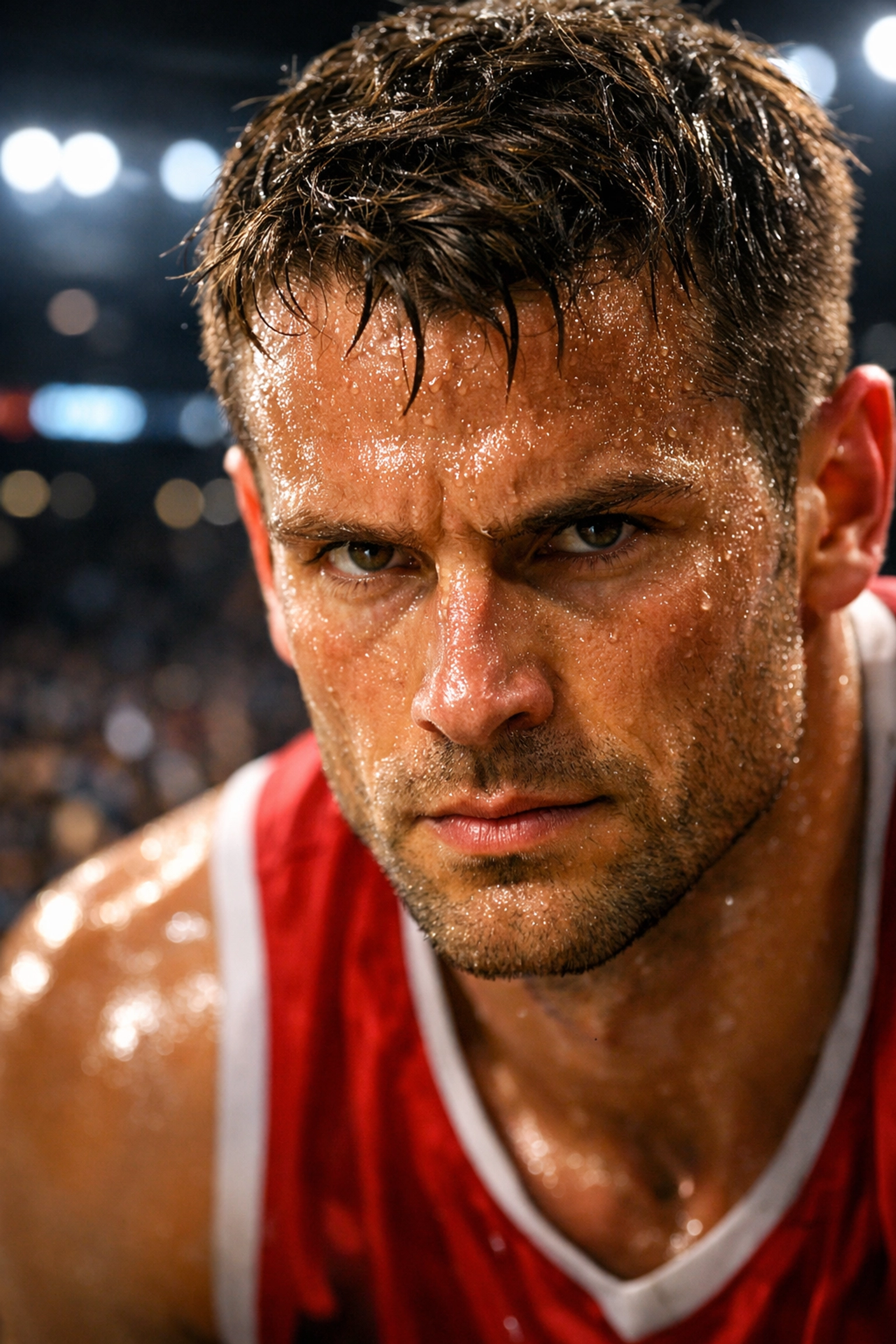 Determined athlete showing intense focus and confidence during high-pressure competition moment