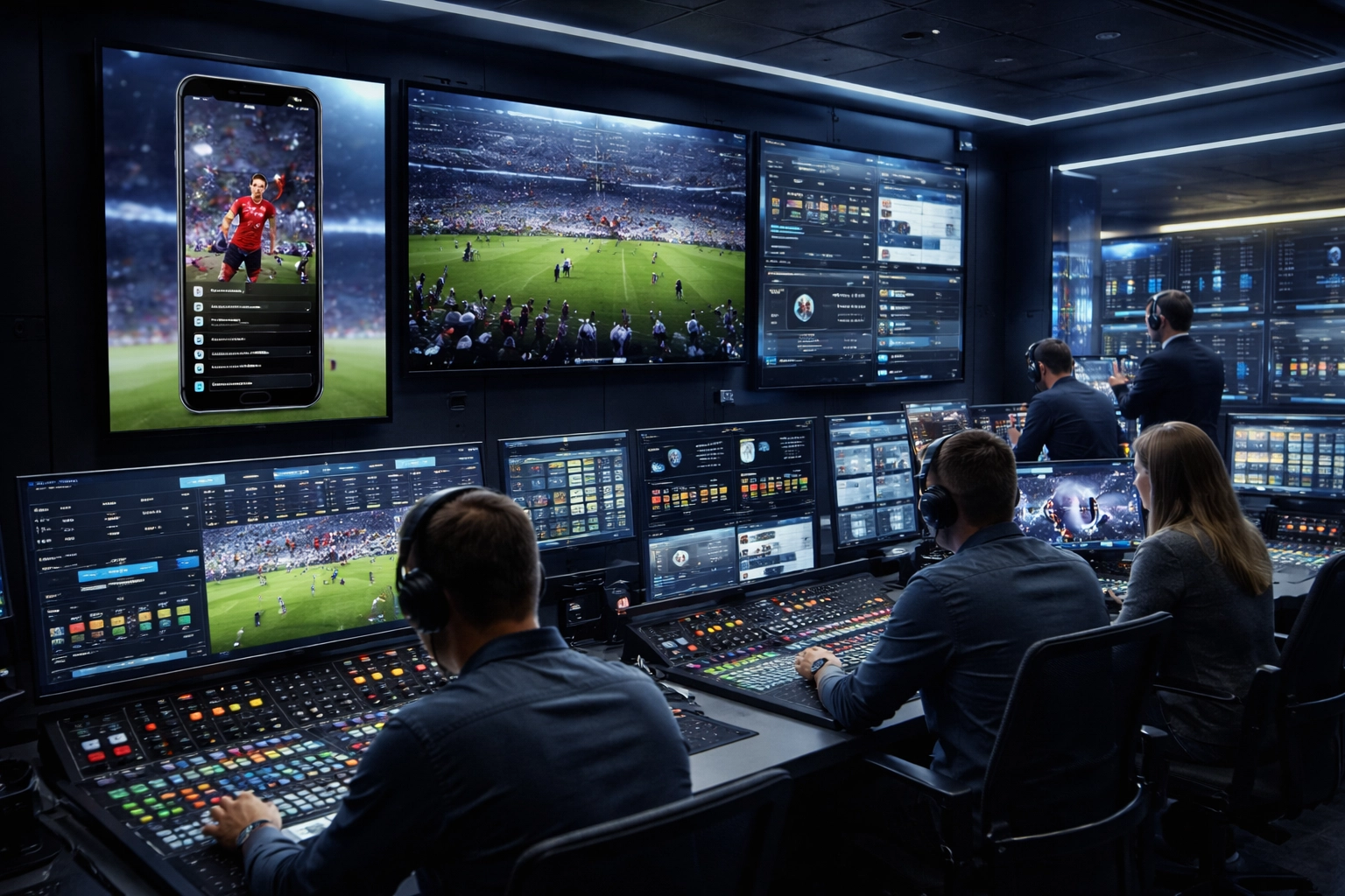Modern sports broadcast control room showcasing multi-format content production for digital media innovation