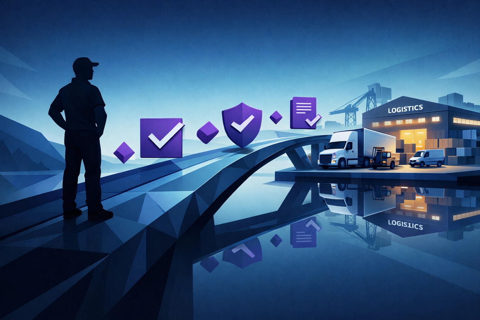 A driver silhouette connecting to a distribution center for HGV driver recruitment and growth.