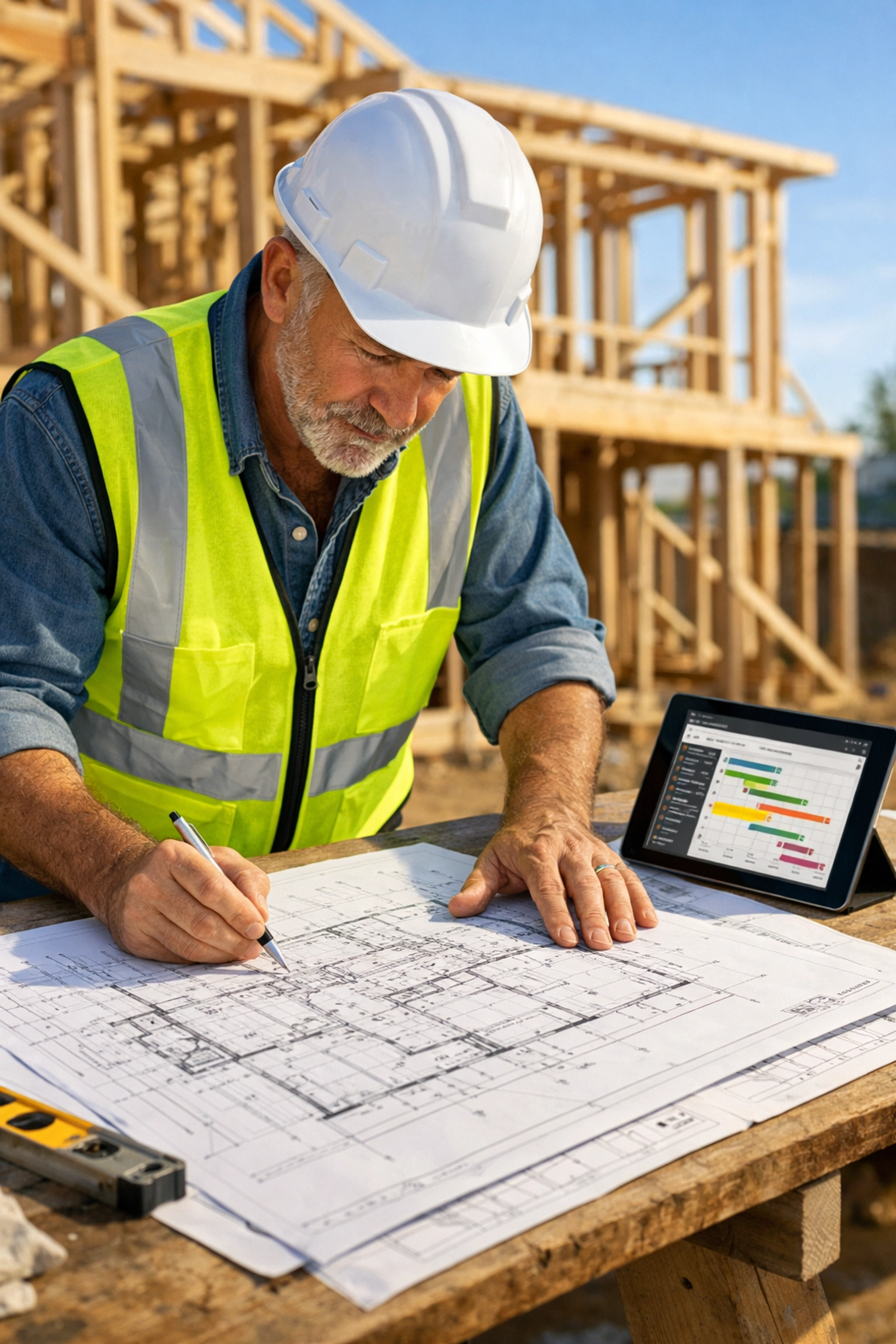 General contractor reviewing blueprints and insurance requirements to manage construction project risk.