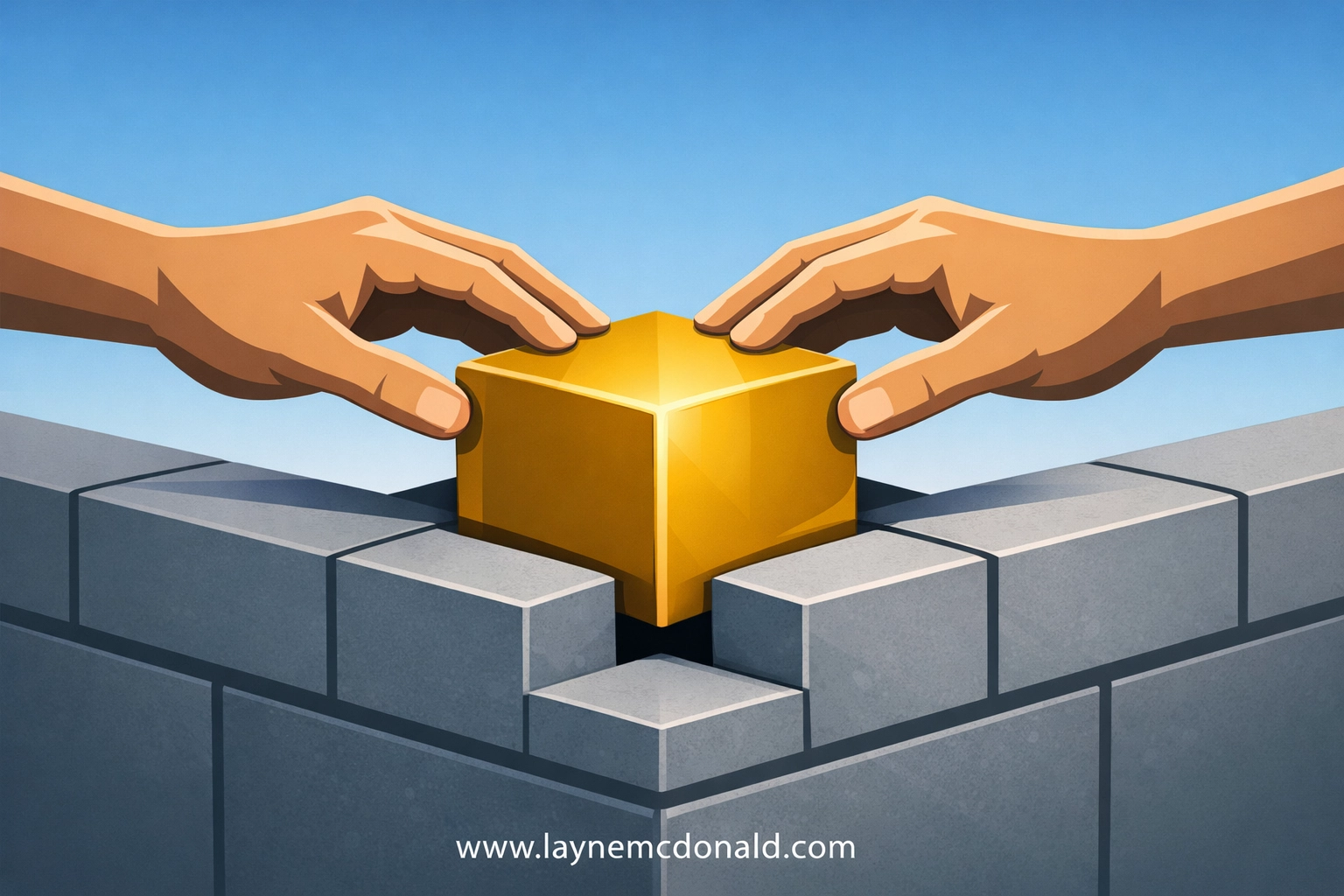 Hands placing a golden cornerstone into a foundation to represent repairing church culture and building trust.