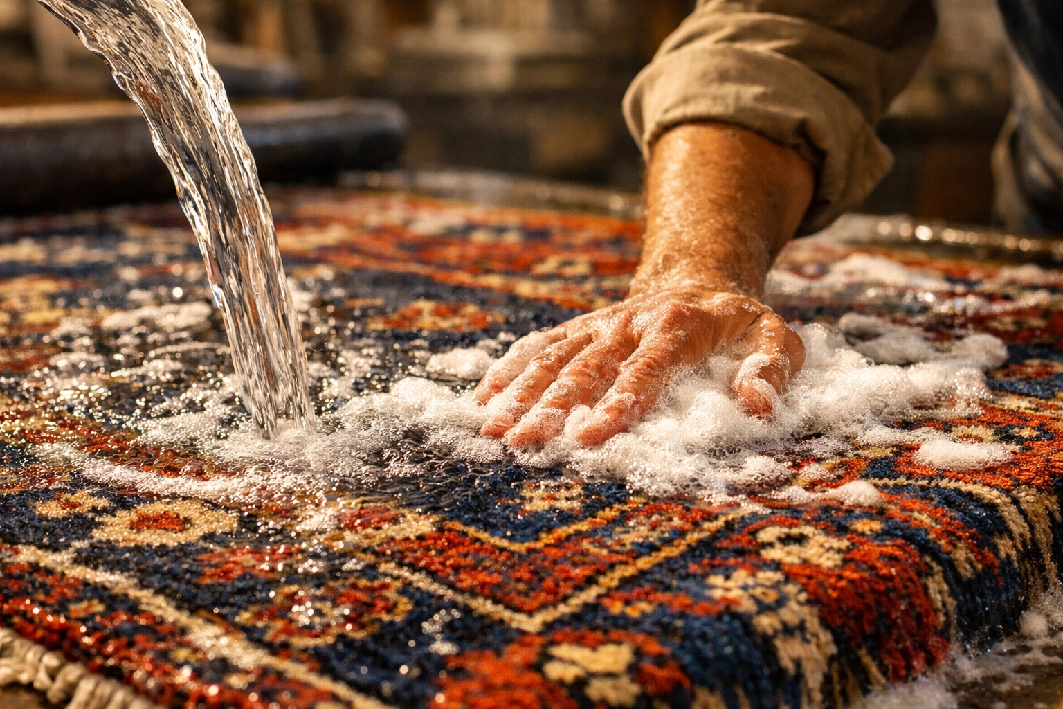 Professional Persian rug cleaning process using gentle washing techniques to restore vibrant colors.