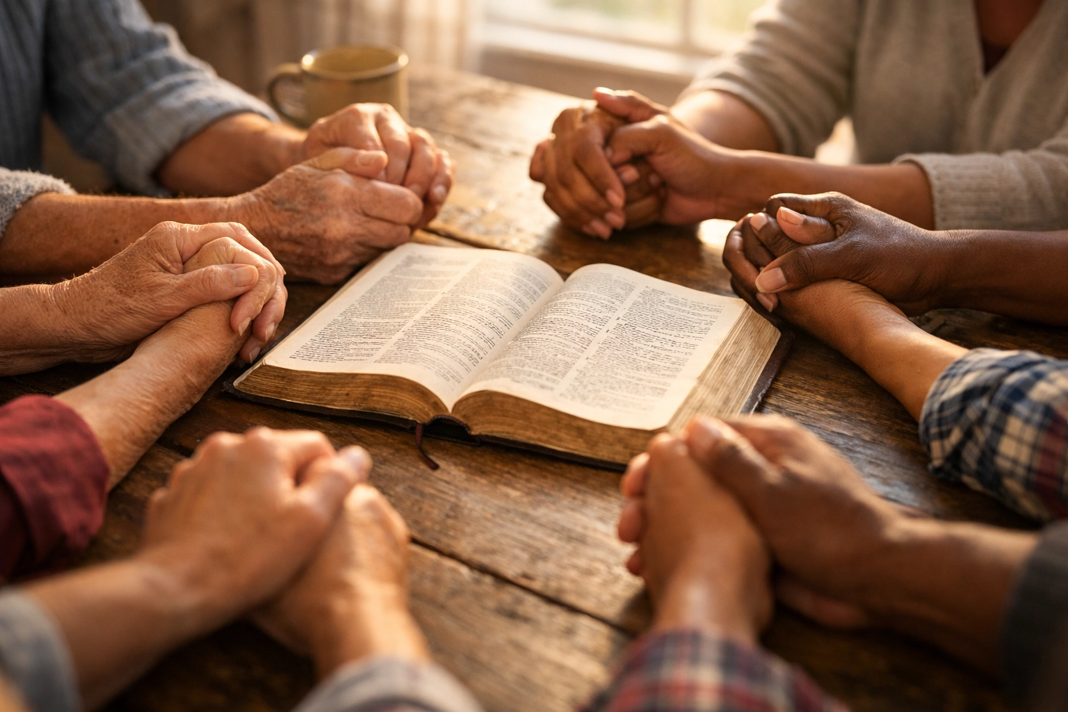 Diverse group of people holding hands in prayer over an open Bible on a wooden table.