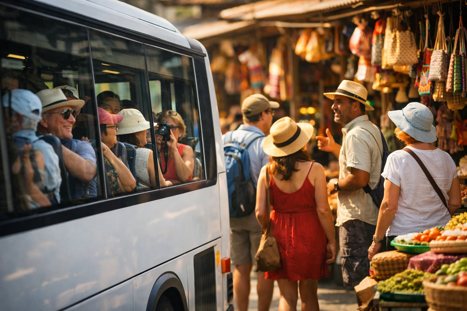 Crowded cruise shore excursion tour bus versus small private group tour with local guide