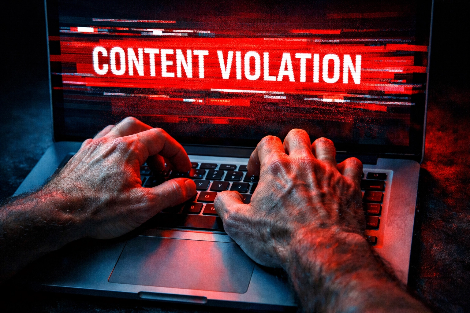 MM romance writer facing content violation warning for steamy gay fiction on laptop