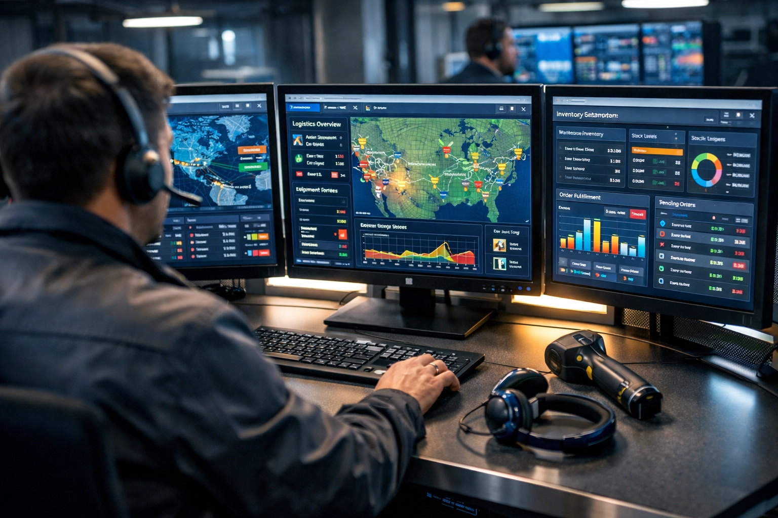 Logistics command center pod with multiple monitors displaying supply chain data and tracking