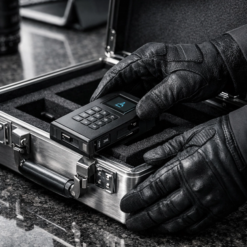 Private investigator South Carolina securing digital evidence in an encrypted storage device for a legal case.