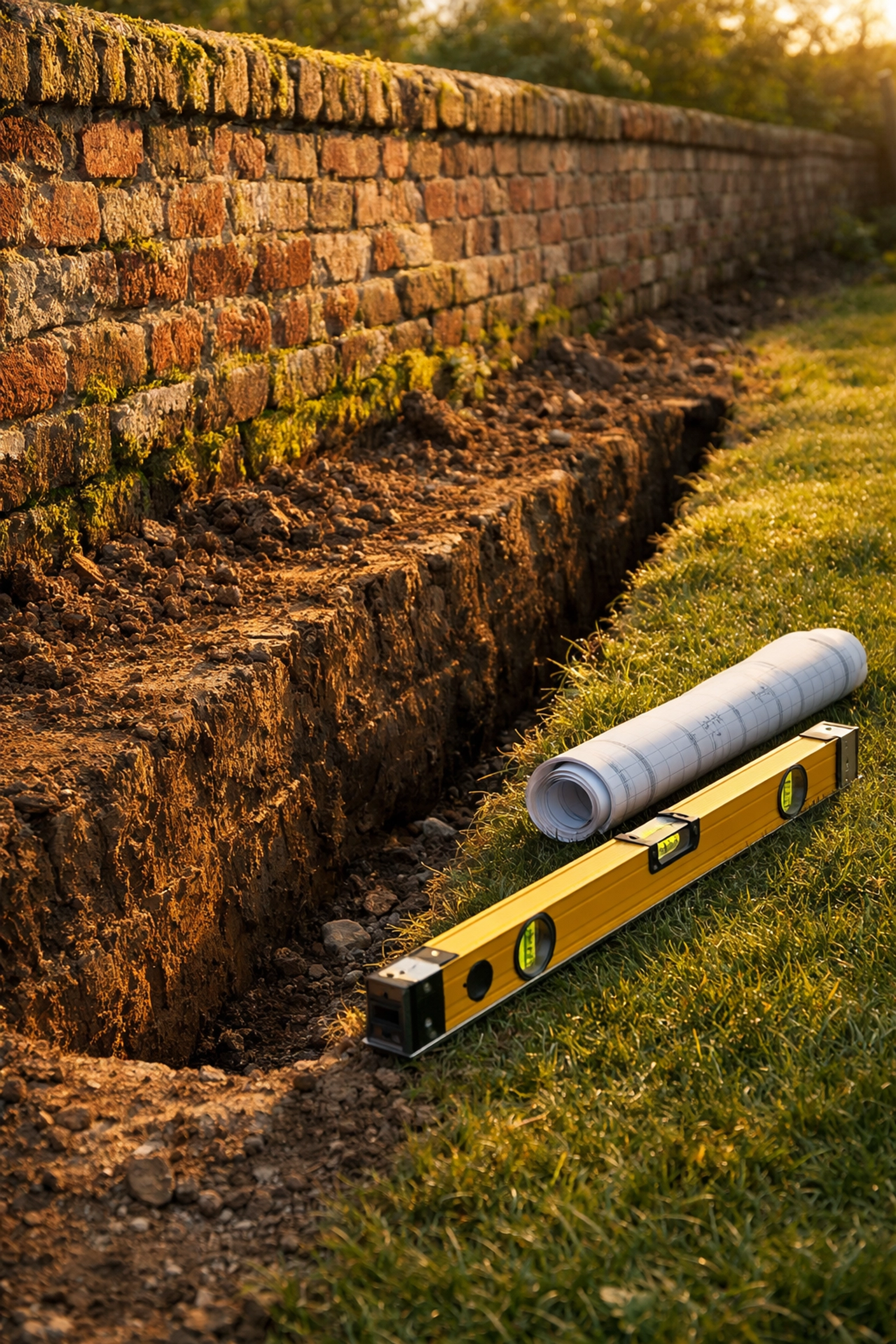 Excavated foundation trench for a West Sussex house extension near a brick boundary wall.