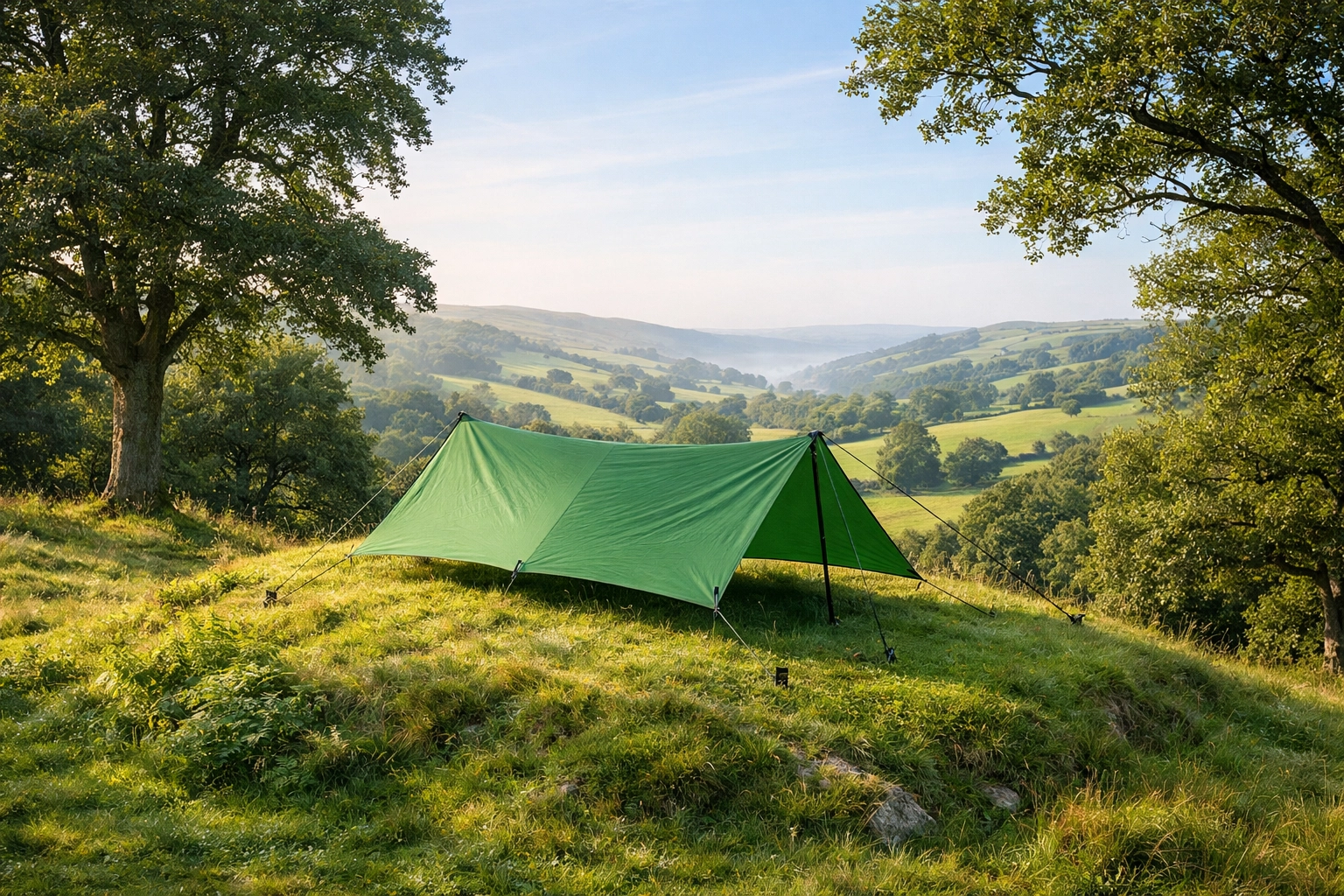 Green tarp shelter pitched on high ground during a camping adventure UK to avoid flooding.